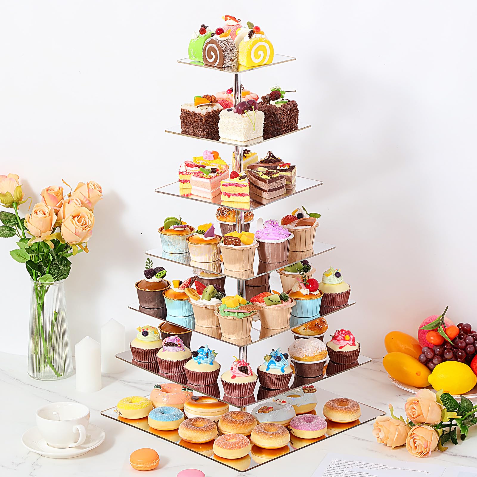 Jinei 7 Tier Silver Mirror Cupcake Stand Square Cupcake Holder Mirror Acrylic Cupcake Tower Display Dessert Stand 7 Tier Cupcake Tray for Dessert Table Bases Cupcake, Birthday Party Wedding