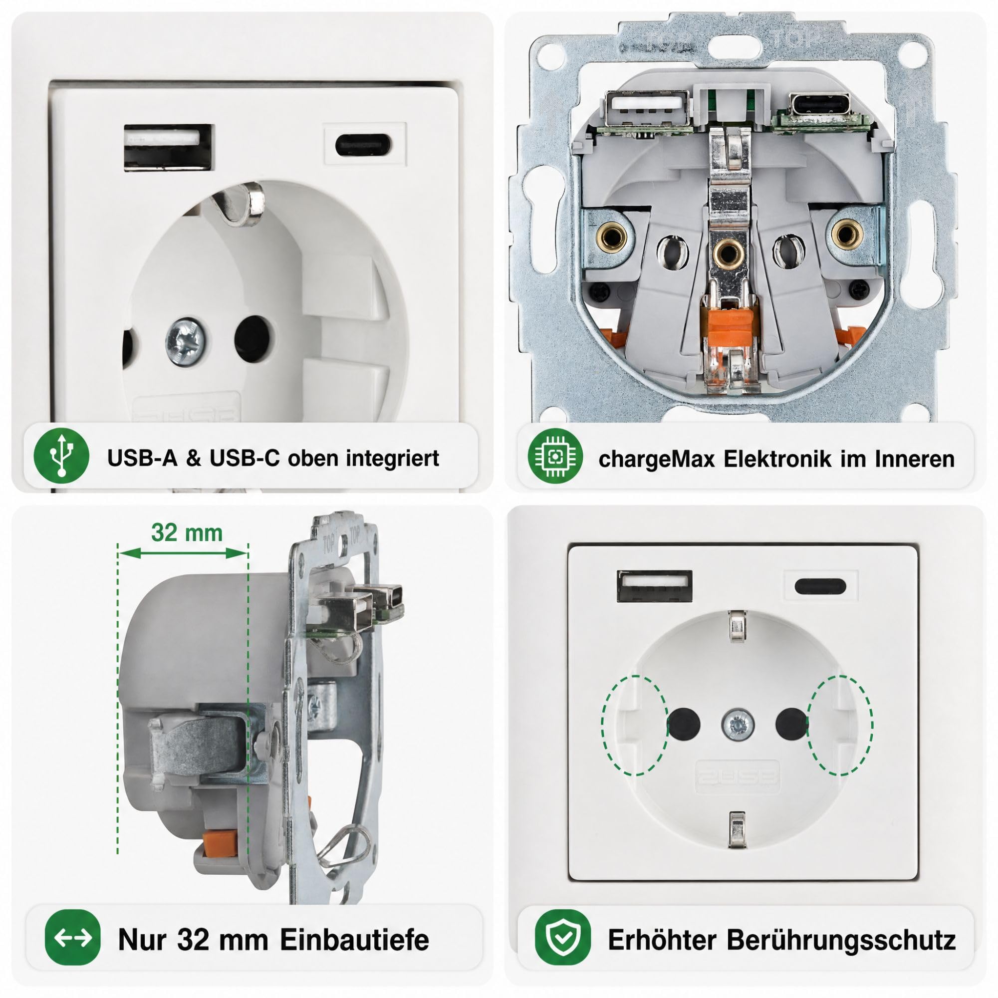 USB-Steckdose chargeMax unter Putz USB-A + USB-C mit Rahmen Ausführung 2USB, Tiefe nur 32mm, Set mit Abdeckung Busch Jaeger Balance Si alpinweiß glänzend