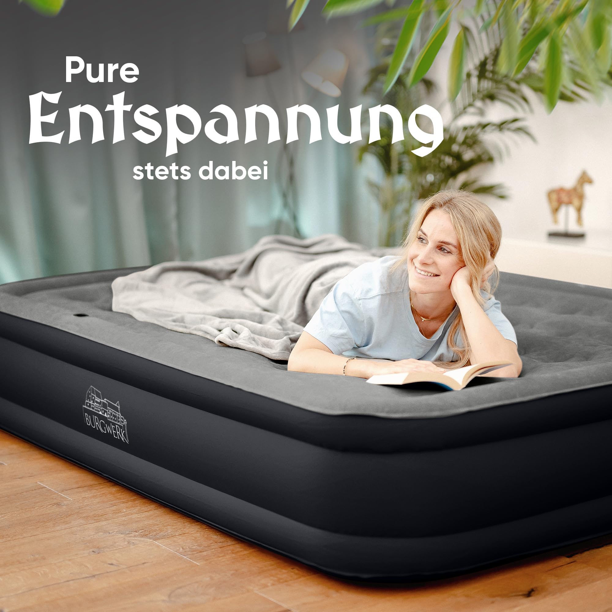 Burgwerk Premium Luftbett selbstaufblasend 2 Personen 203x152cm XL aufblasbare Matratze mit Pumpe