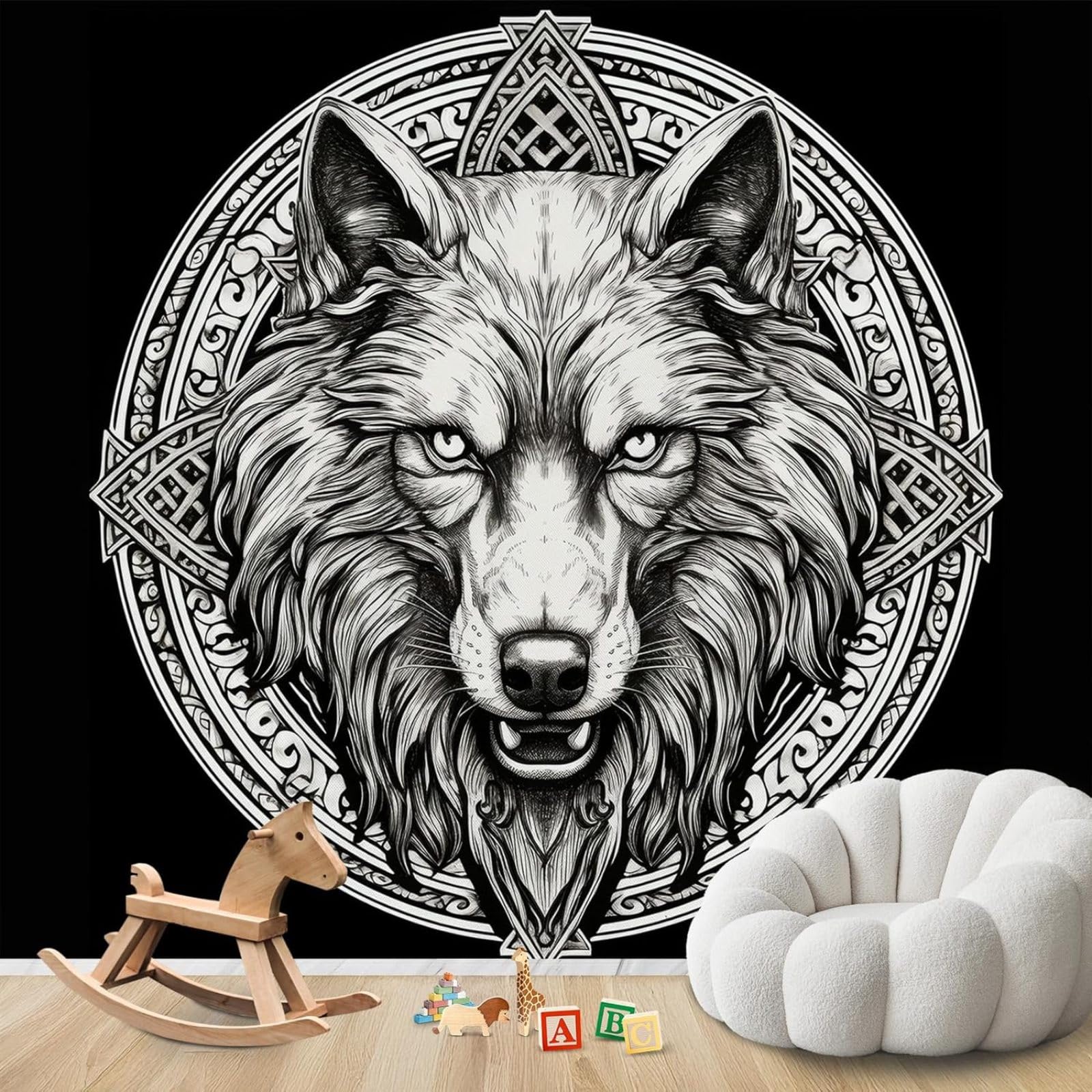 Papier peint intissé loup viking noir et blanc 150x105 cm pour salon moderne