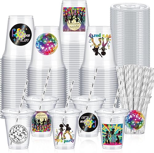 Juego de 60 vasos de plástico de los años 70 con tapas y pajitas de 14 onzas con temática de discoteca para fiestas de cumpleaños