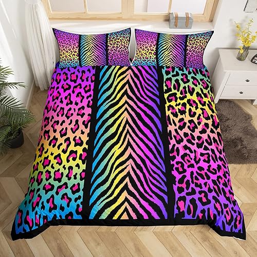 Erosebridal Juego de funda de edredón de guepardo arcoíris, tamaño individual, estampado de cebra y leopardo neón, para niños, niñas y mujeres,