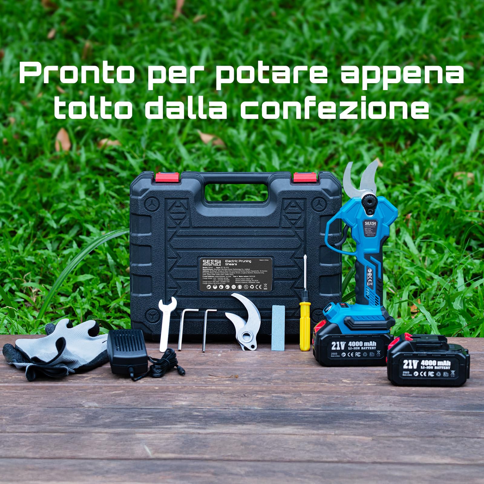 SEESII Forbici Potatura a Batteria 40 mm – Forbici Elettriche con 2× 4000mAh Batterie, Lama SK5, Motore Senza Spazzole, Schermo LCD, per Frutteti, Paesaggistica e Giardinaggio Professionale, CS440