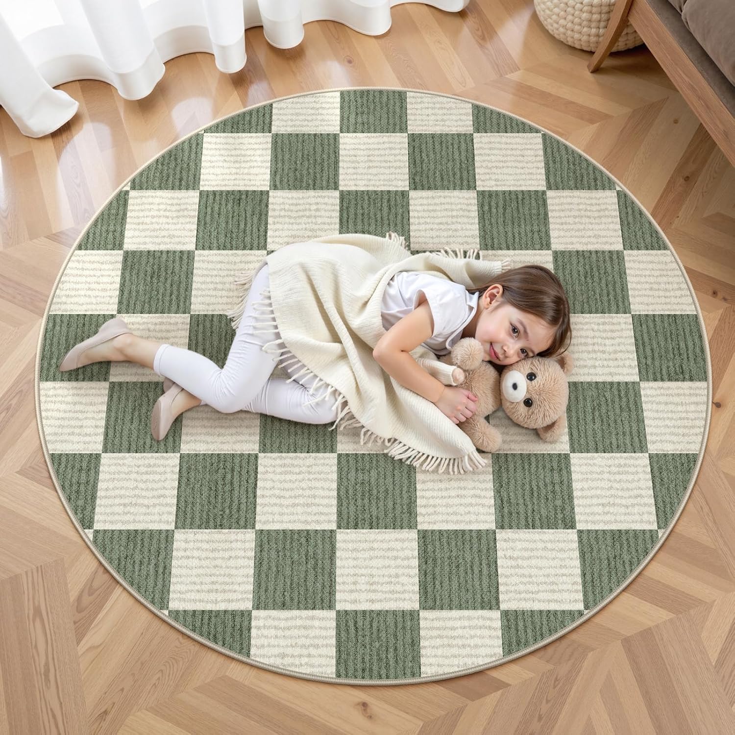 LIVEBOX Checkered Round Rug 4 Ft Washable Area Rug for Playroom Classroom, Kids Non-Slip Neutral Classic Circle Rug Geometric Large Carpet Soft Boys Nursery Rug for Dorm Bedroom(Green,120R)
