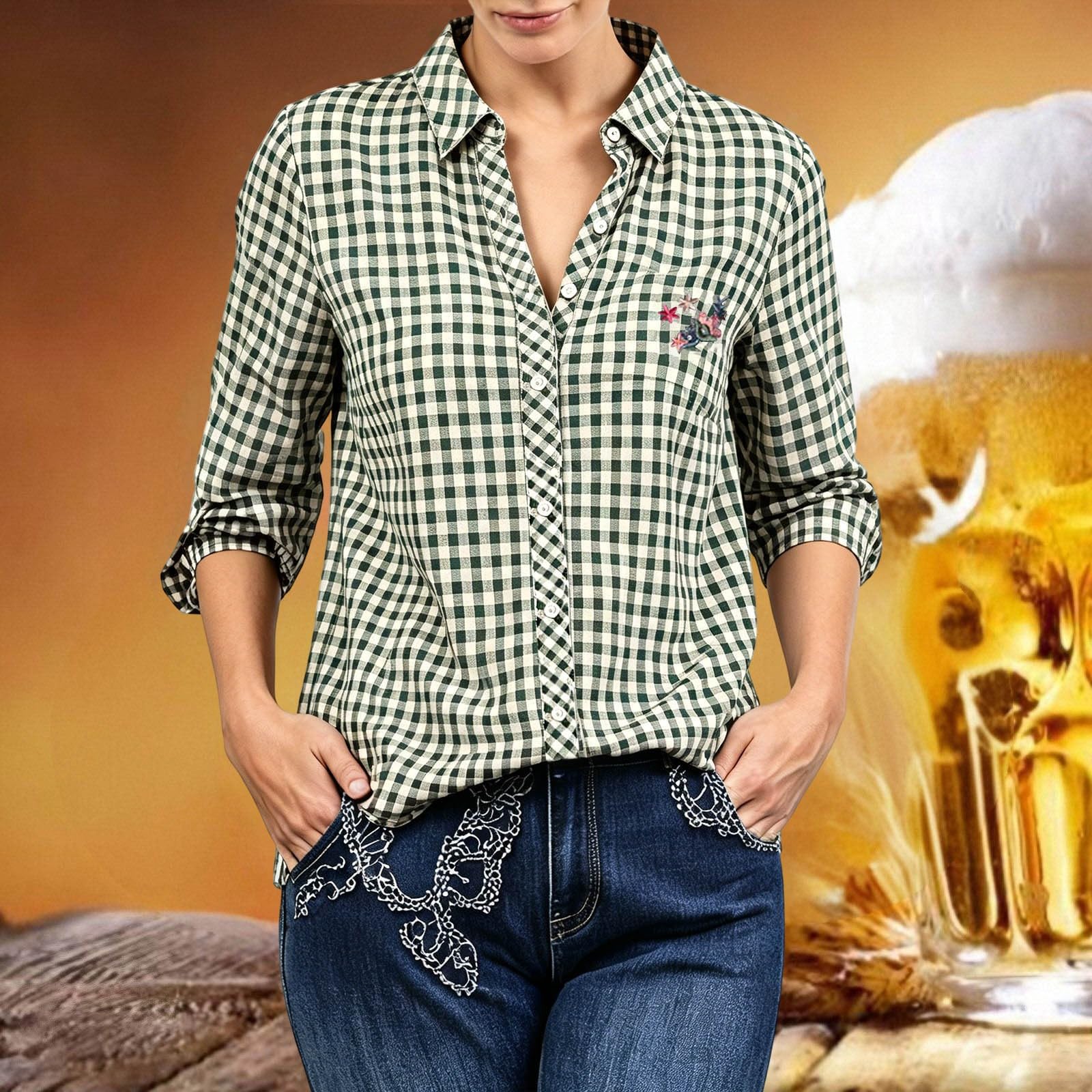 Generisch Kariertes Trachtenbluse Damen Trachtenhemd Oktoberfest 3/4 Ärmel Rot Weiß Gingham Bluse Hemd für Dirndl