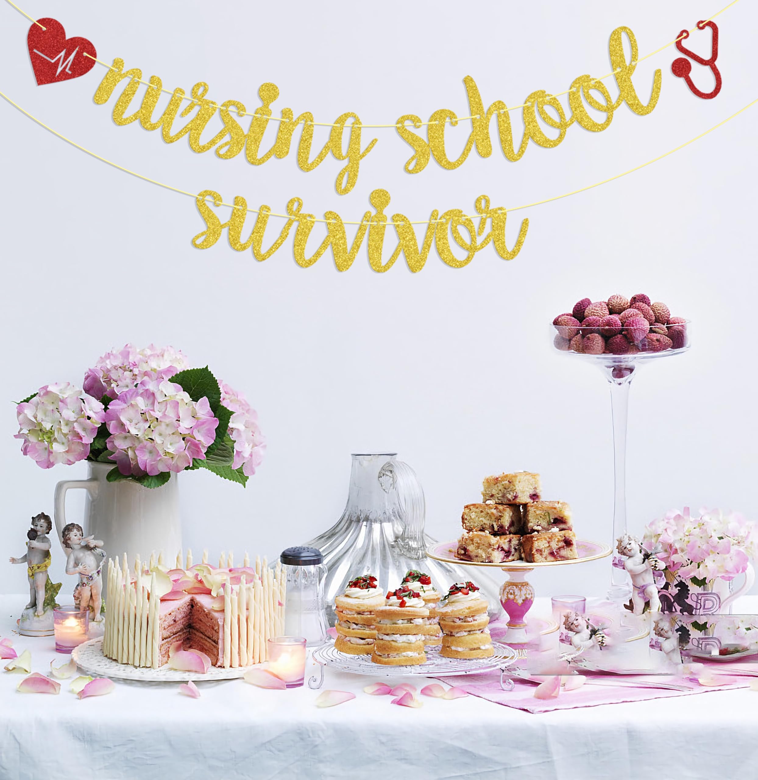 Glitter Nursing School Survivor Banner - Gold & Red Graduation Bunting Sign For RN, Nurse Party Decor, Class Of 2022