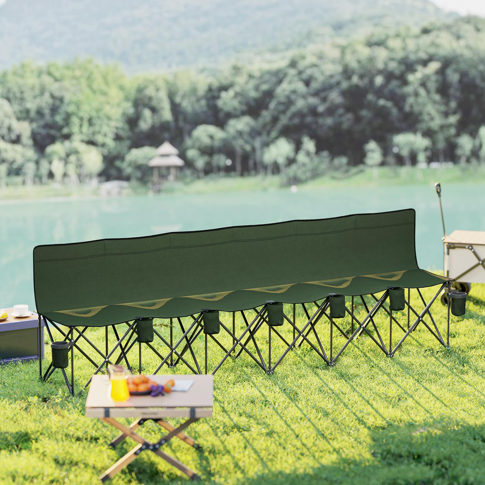 Outsunny Banc Pliant 6 Places, Porte-gobelet, Cadre métallique, Vert | Chaise de camping extérieur, chaise de spectateur de football, sac de transport