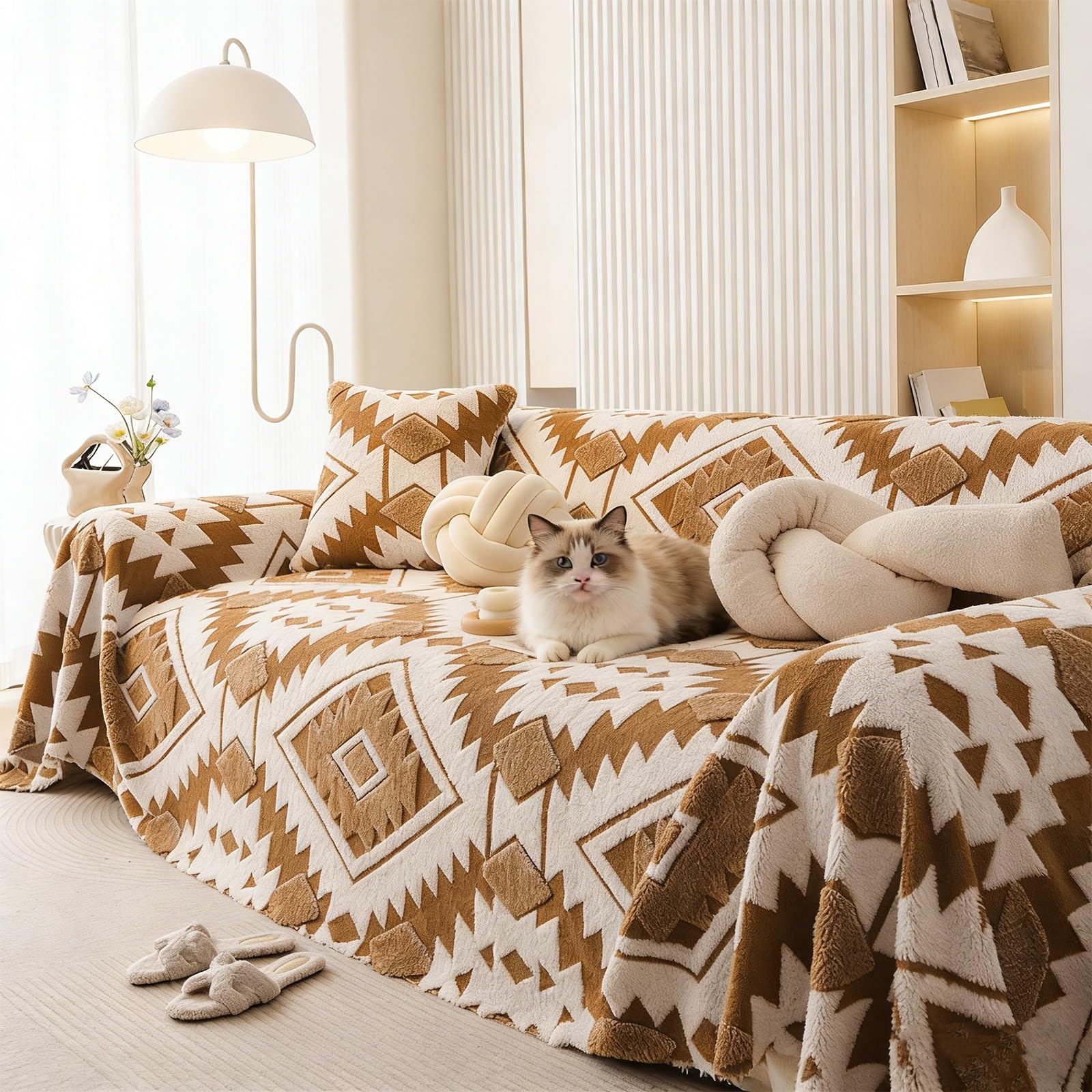Housse de canapé en peluche marron protectrice anti-poils d'animaux 180x130