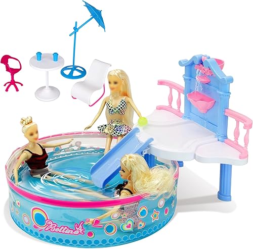 Juego de piscina Glam de lujo, piscina para muñecas con 7 accesorios de piscina, se adapta a muñecas de hasta 12 pulgadas, regalos para niños de 3 a