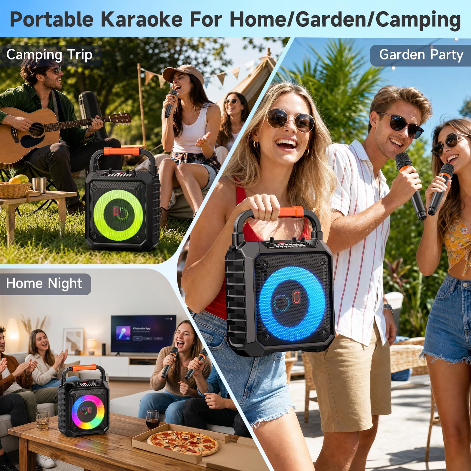 HWWR Macchina per karaoke, 2 microfoni, altoparlante portatile Bluetooth per karaoke con luci DJ, per feste e all'aperto, microfono wireless per karaoke per adulti e bambini, sistema PA karaoke