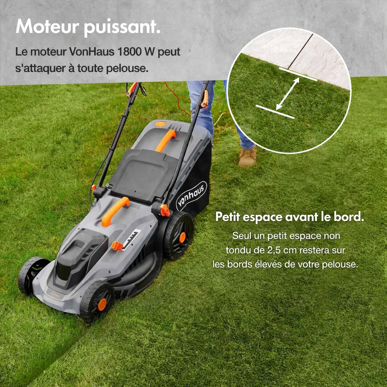 VonHaus Tondeuse à Gazon 1800 W - Tondeuse de Jardin Filaire, Sac 52 L, Guidon Réglable, 5 Réglages de Tonte