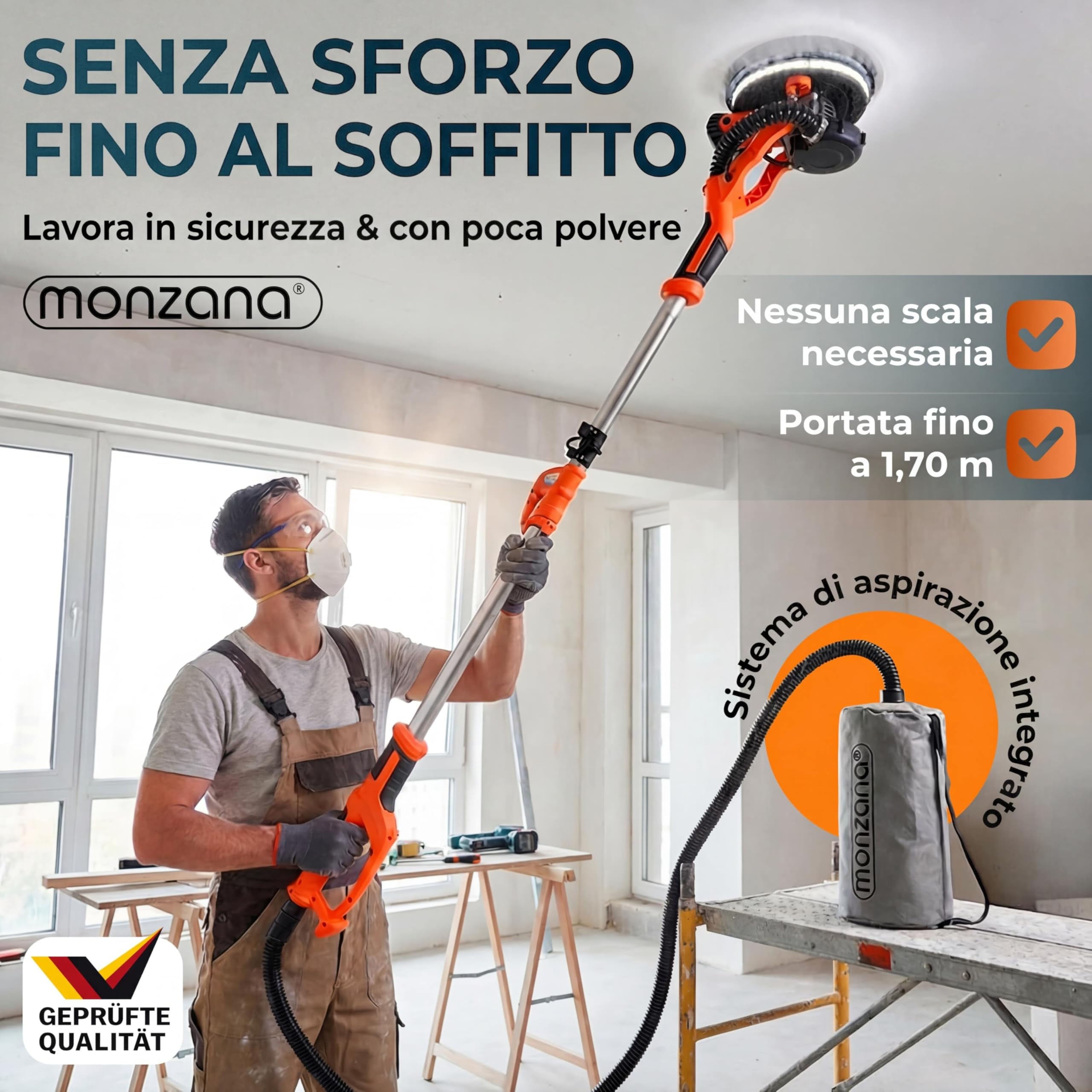 MONZANA® Levigatrice Muro 750Watt Telescopica Cartongesso Giraffa Levigatura Professionale Pareti 12 Dischi Abrasivi Carteggiatrice Soffitti Orbitale