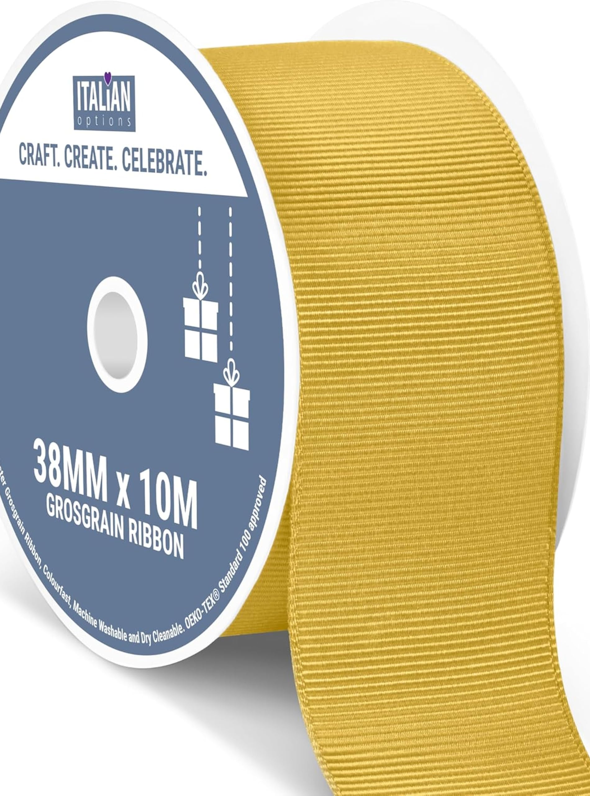 Italian Options Grosgrain Ribbon 38mm, Strong Plain Gold Ribbon for Bows, Wedding, Crafting, Sewing, Hair Accessories, Gift Wrap, 38 mm x 10 Metre Roll, Gold