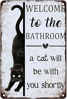 Bathroom Sign Black Cat Decor Welcome To The Bathroom Tin Sign | 12 x 8 In Vintage Wall Decor for Home Toilet Restroom Guest Room Farmhouse Washroom Cafe Cat Lover Gifts