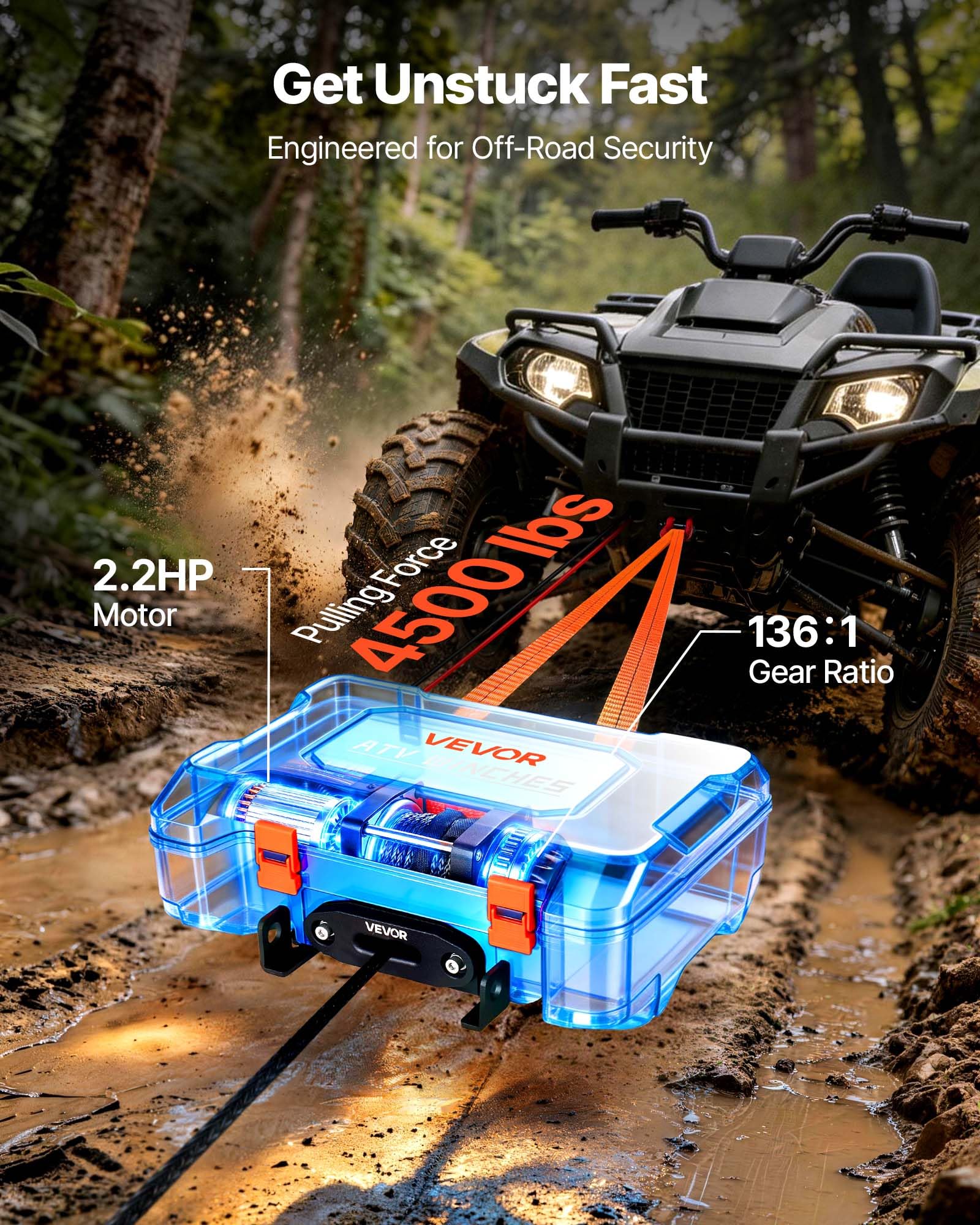 VEVOR Elektrische Seilwinde 12V, Mobile Seilwinde mit 2041kg Tragkraft & Fernbedienung, Tragbare Motorwinde mit Synthetikseil Seilführung Schäkelhaken Gurt Tragkiste, Elektrowinde für ATV UTV Offroad