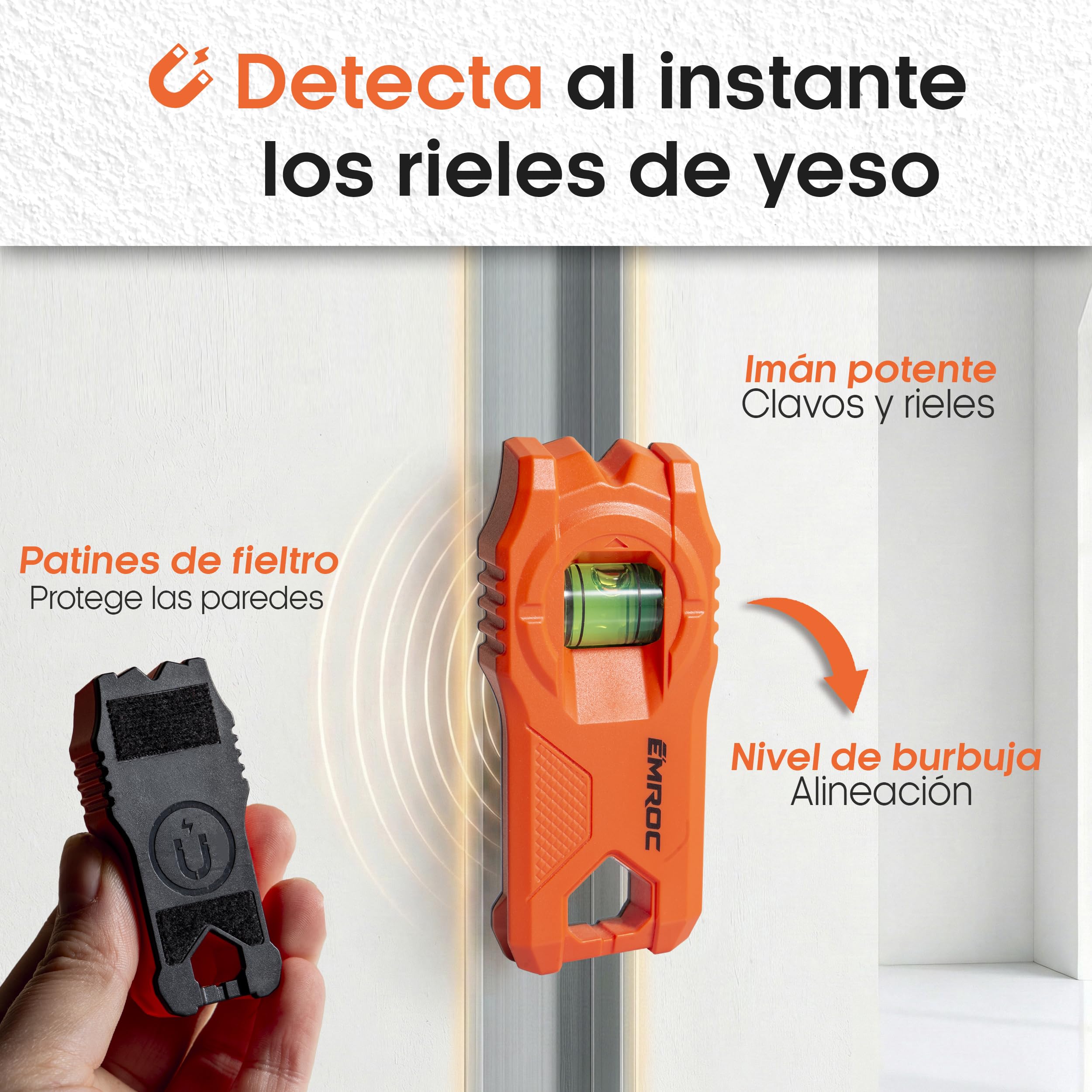 Detector de Montantes EMR-M11 - Imán Neodimio Pladur BA13 Sin Pilas | Imán potente | Nivel de burbuja | Para yeseros y electricistas | Detector de metales pared | Marca francesa