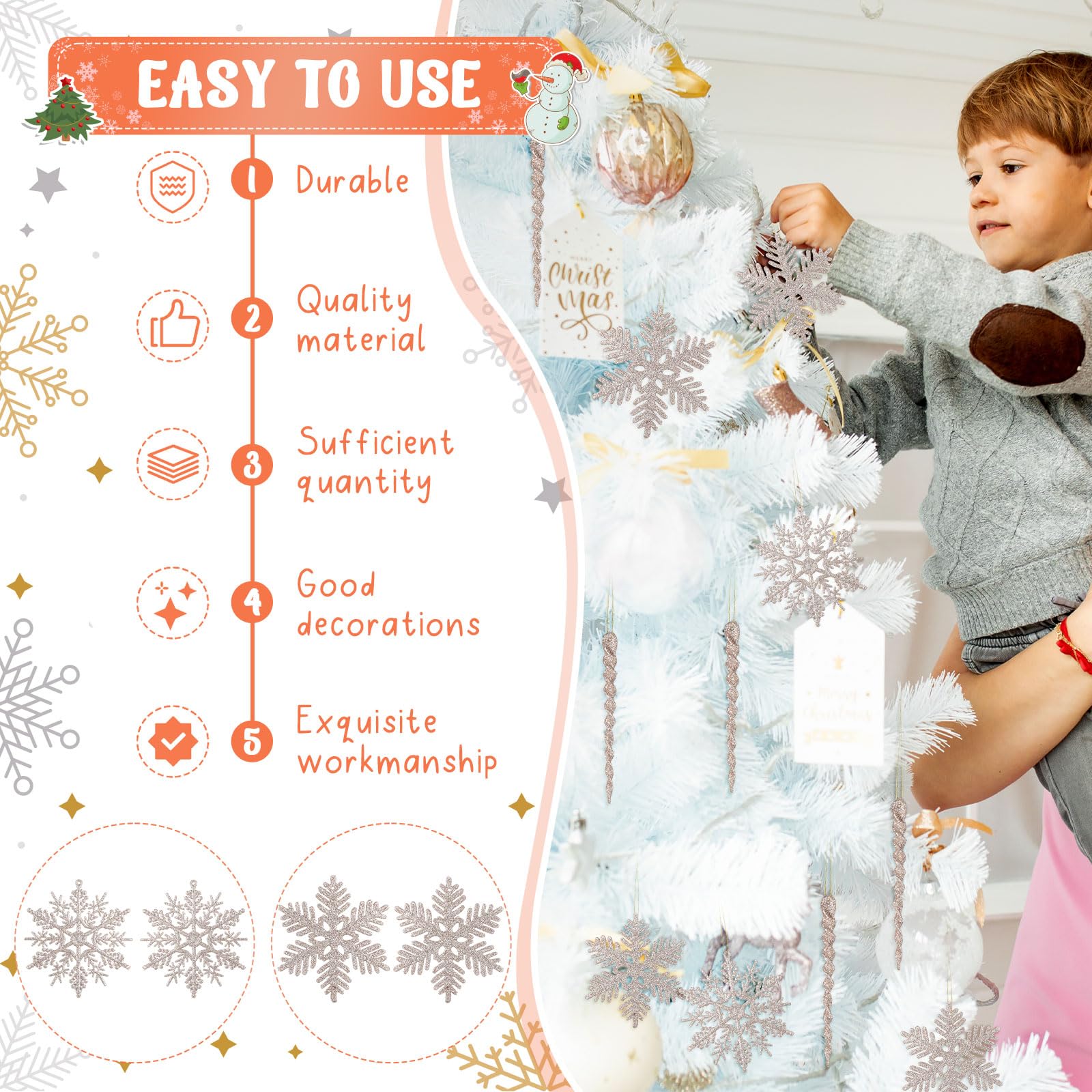Deekin 72 Stück Schneeflocke gedrehtes Eiszapfen Ornament Set Glitzer Weihnachtsbaum Schneeflocke Spiralstreifen Behänge für Urlaub Party Hochzeit Dekorationen Winter Weihnachten Weihnachtsbaum