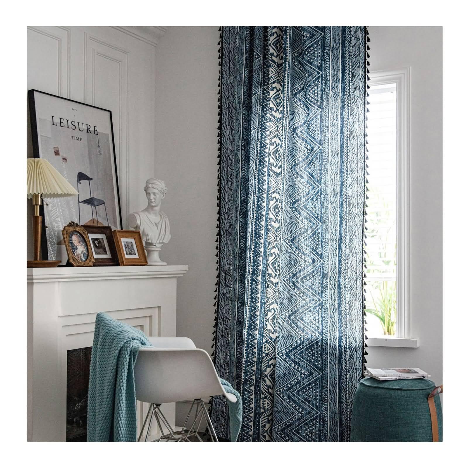 Rideau Voilage Bleu, Rideaux Semi occultants décoratifs de Style bohémien à Motifs géométriques pour la Chambre à Coucher en Coton, Bleu-Crochet, 150 x 200 cm (HxL)