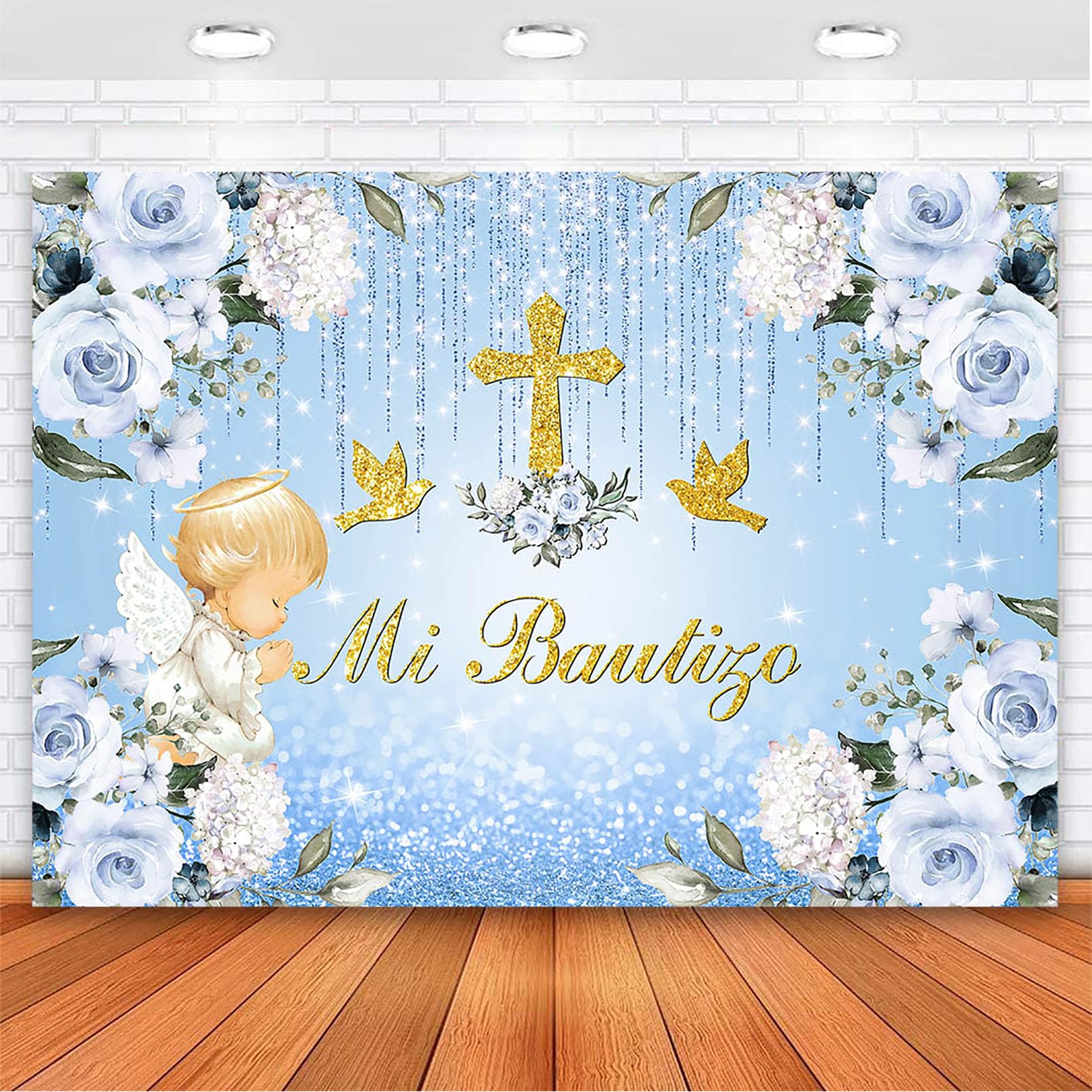 Avezano Mi Bautizo Backdrop Glitter Angel God Bless Backdrops Baptism Floral First Holy Communion Party Decorations for Newborn Baby Shower Photobooth