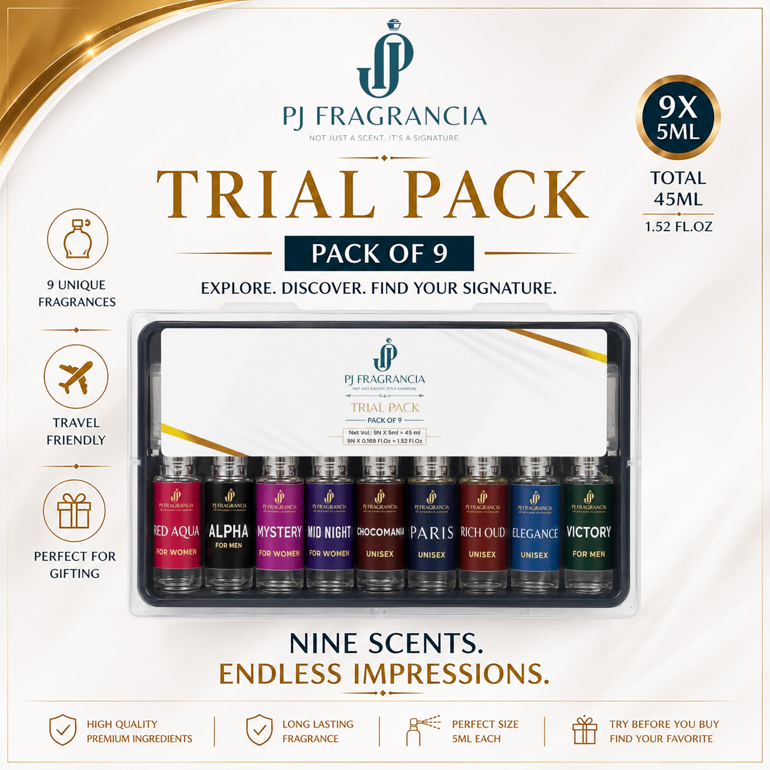 Buy PJ FRAGRANCIA Trial Pack Of 9 x 5ml Long Lasting Pocket