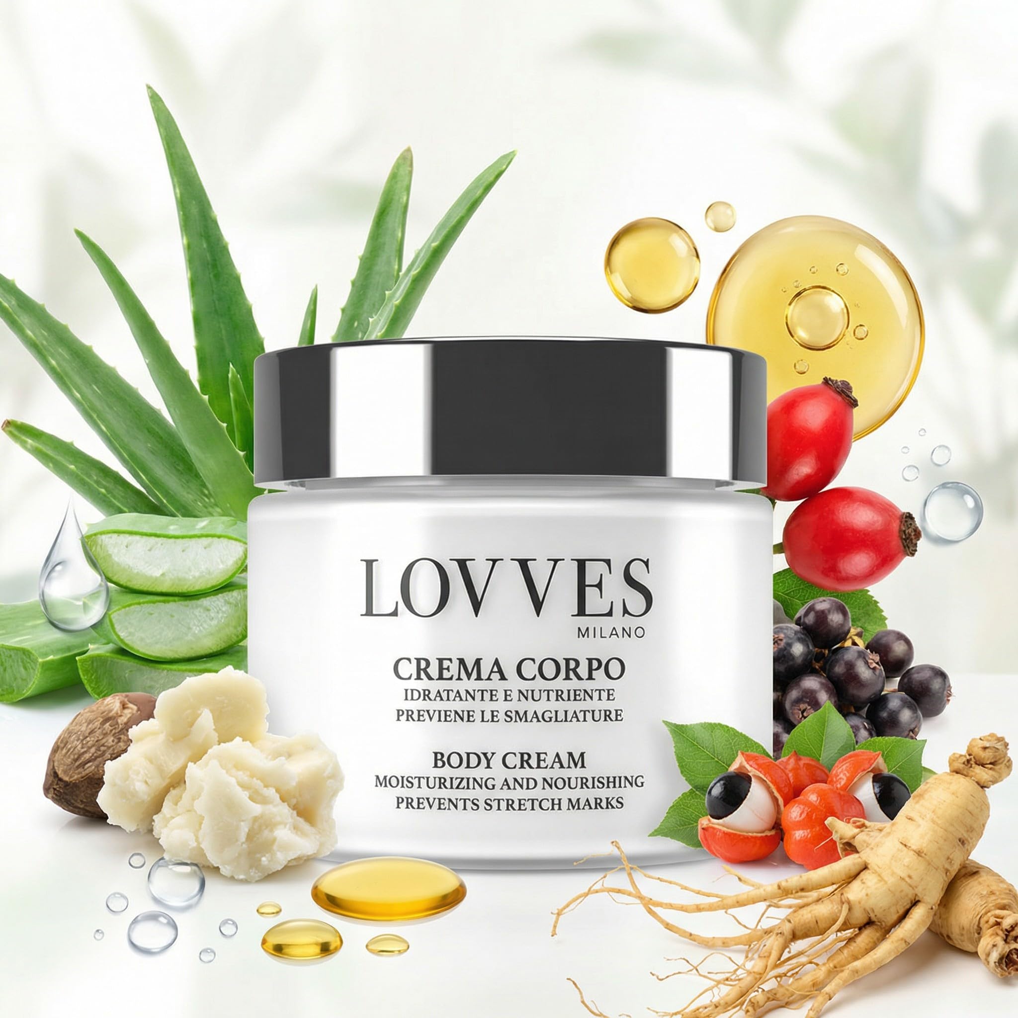 LOVVES Körpercreme, Hohe Naturkosmetik, nährende Feuchtigkeitscreme, beugt Dehnungsstreifen vor, strafft und revitalisiert die Haut, macht sie weich und seidig, Glasgefäß 200 ml