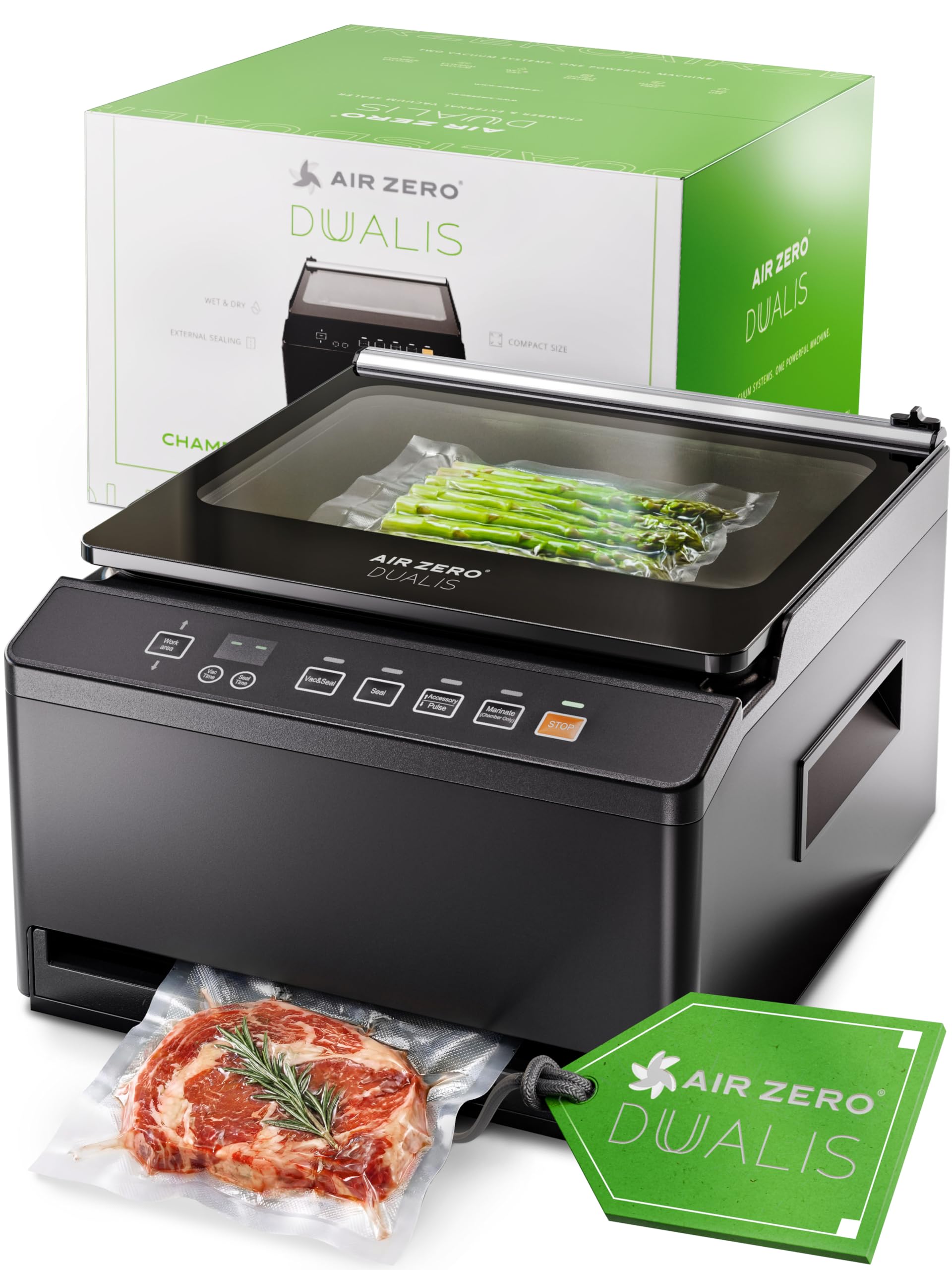 Air Zero Dualis Machine à emballer sous vide Premium | Système hybride avec chambre et mise sous vide externe en un | Pompe haute performance | Double soudure | Acier inoxydable et couvercle en verre