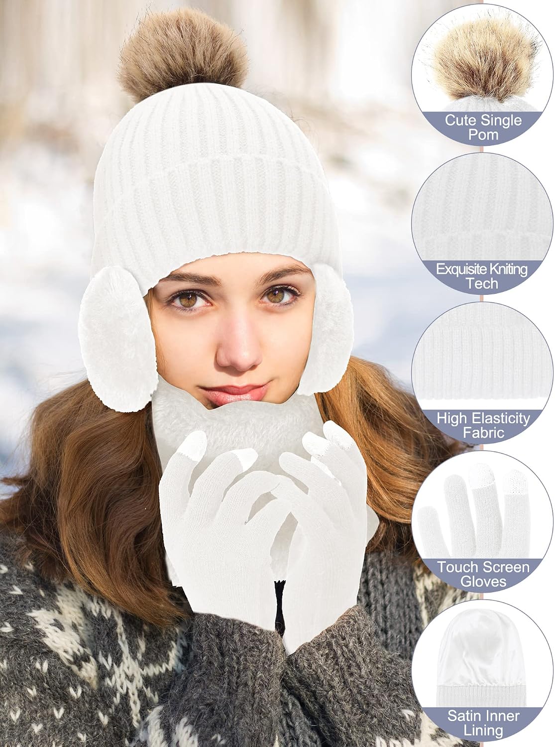 5 Pcs Women Winter Warm Hat and Gloves Scarf Set Knitted Beanie Ski Outing Pompom Hat Winter Ear Warmer Ski Earmuffs Stocking image 3