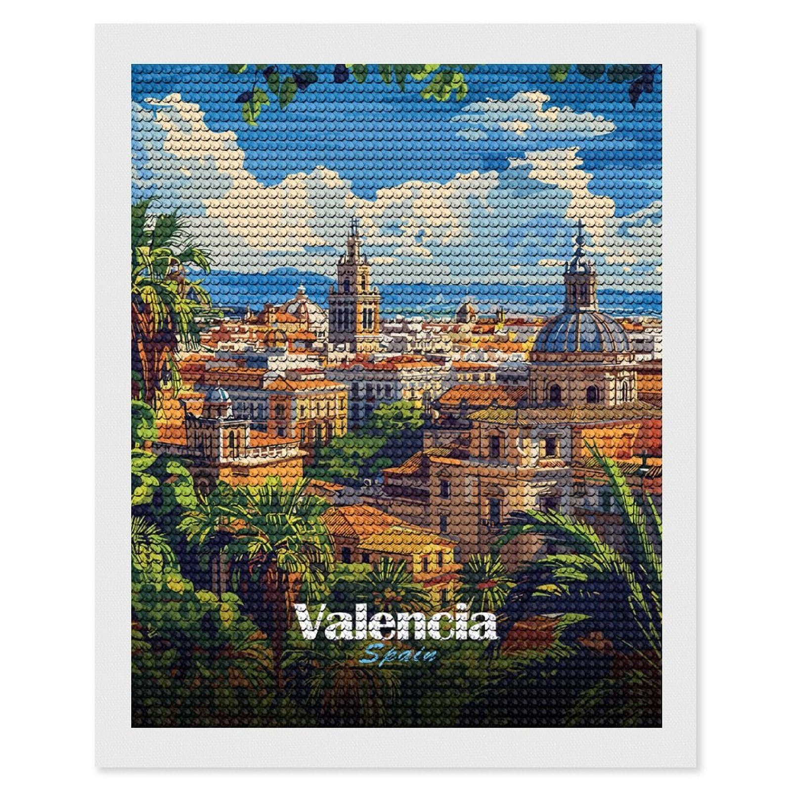 Junmoney Valencia Cityscape Round Drill Diamond Painting 16"x20", Handmade Wall Decor, Modern Decor, Aesthetic Room Decor, Easy Craft Set