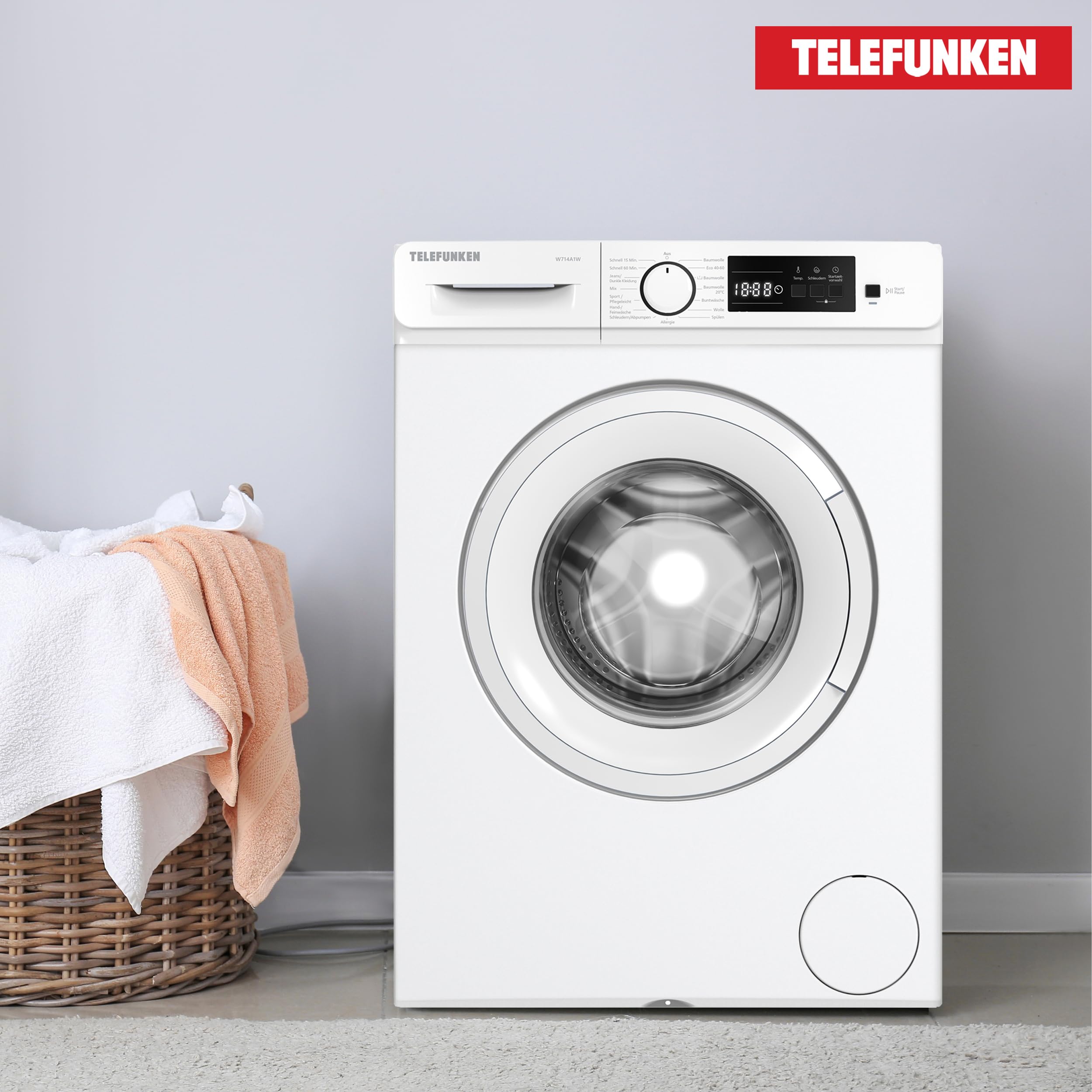 Telefunken W714A1W Waschmaschine 7kg Frontlader 1400 U/Min. EEK A | Inverter Motor - Leise & Effizient, Schontrommel aus Edelstahl, Startzeitvorwahl, Washing Machine, 15 Programme, weiß