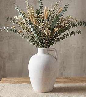Ceramic Flower Vase with Handles,10" Neutral Tall Clay Beige Terracotta Vases Farmhouse Table Vases with Handle Living Room Decor Rustic Pottery Pots for Home Shelf Coffee Dining Desk Fireplace