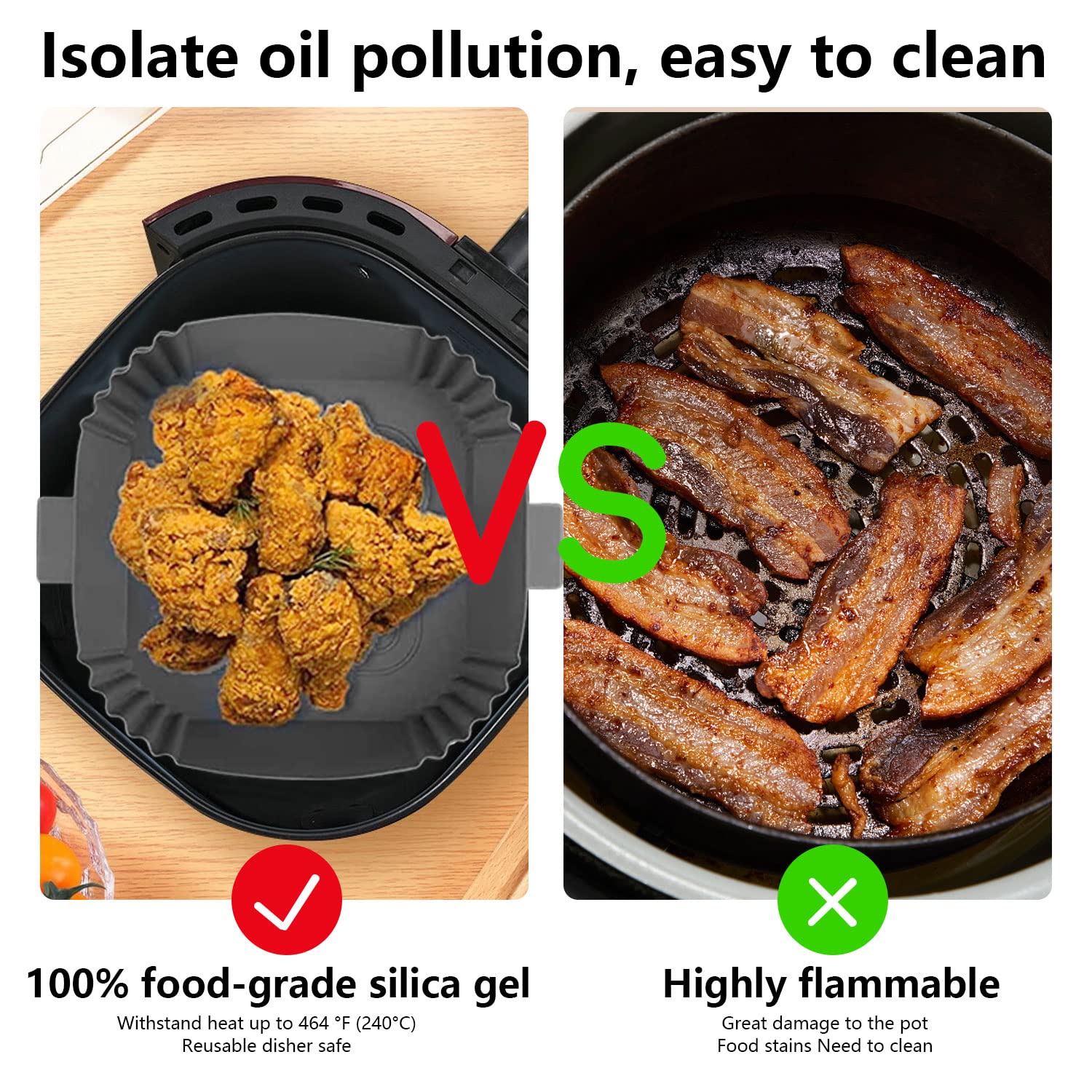 2 Rivestimenti In Silicone Per Friggitrice Ad Aria – Scanalati, Antiaderenti, Senza BPA – Riutilizzabili, Lavabili, 19,5x12,5x7 Cm – Grigi - 4