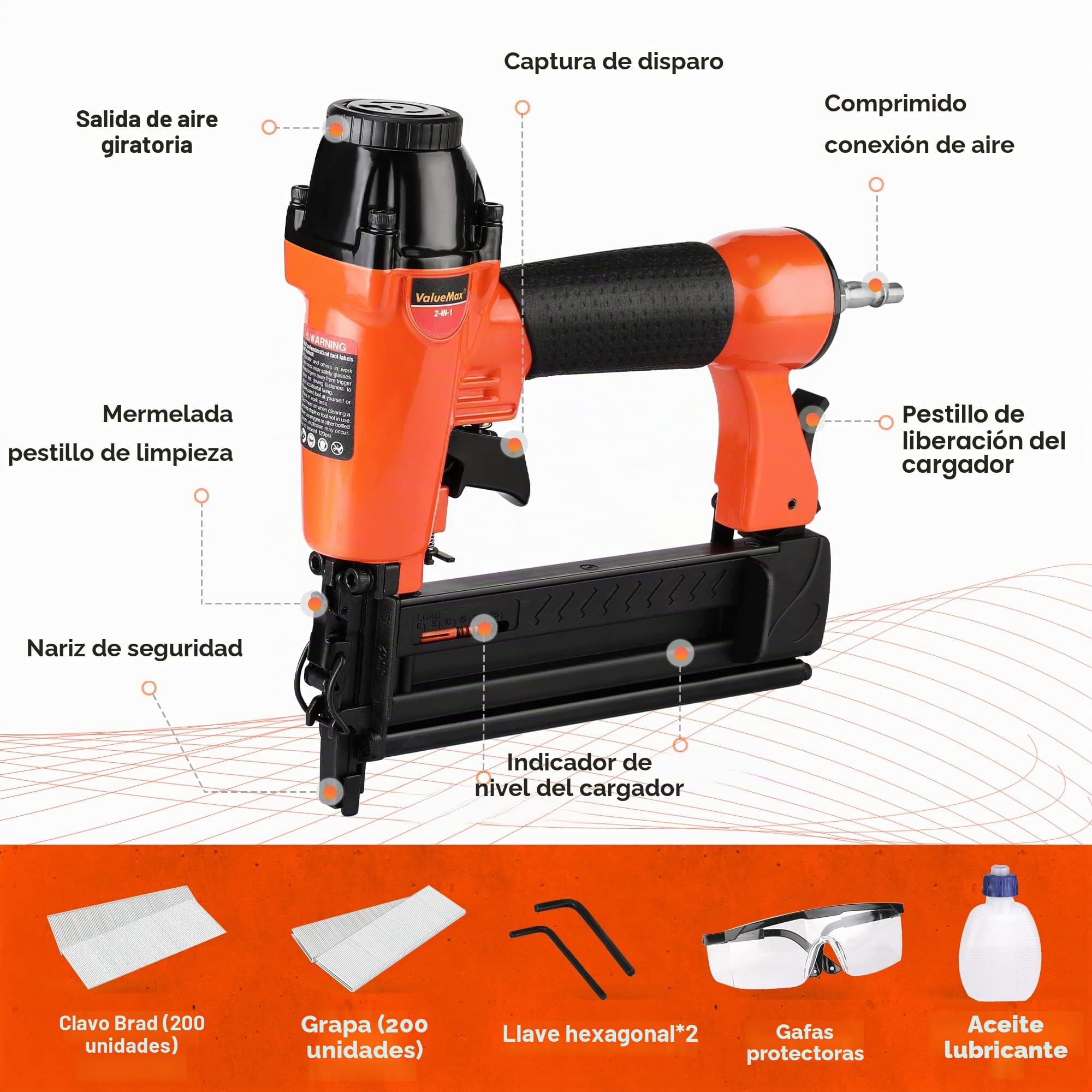ValueMax Grapadora Neumática de Aire Comprimido 8.3 bar, Pistola de Clavos con Nariz de Seguridad, incluye 200 Grapas y 200 Clavos, Gafa, Aceite, Llave Hexagonal