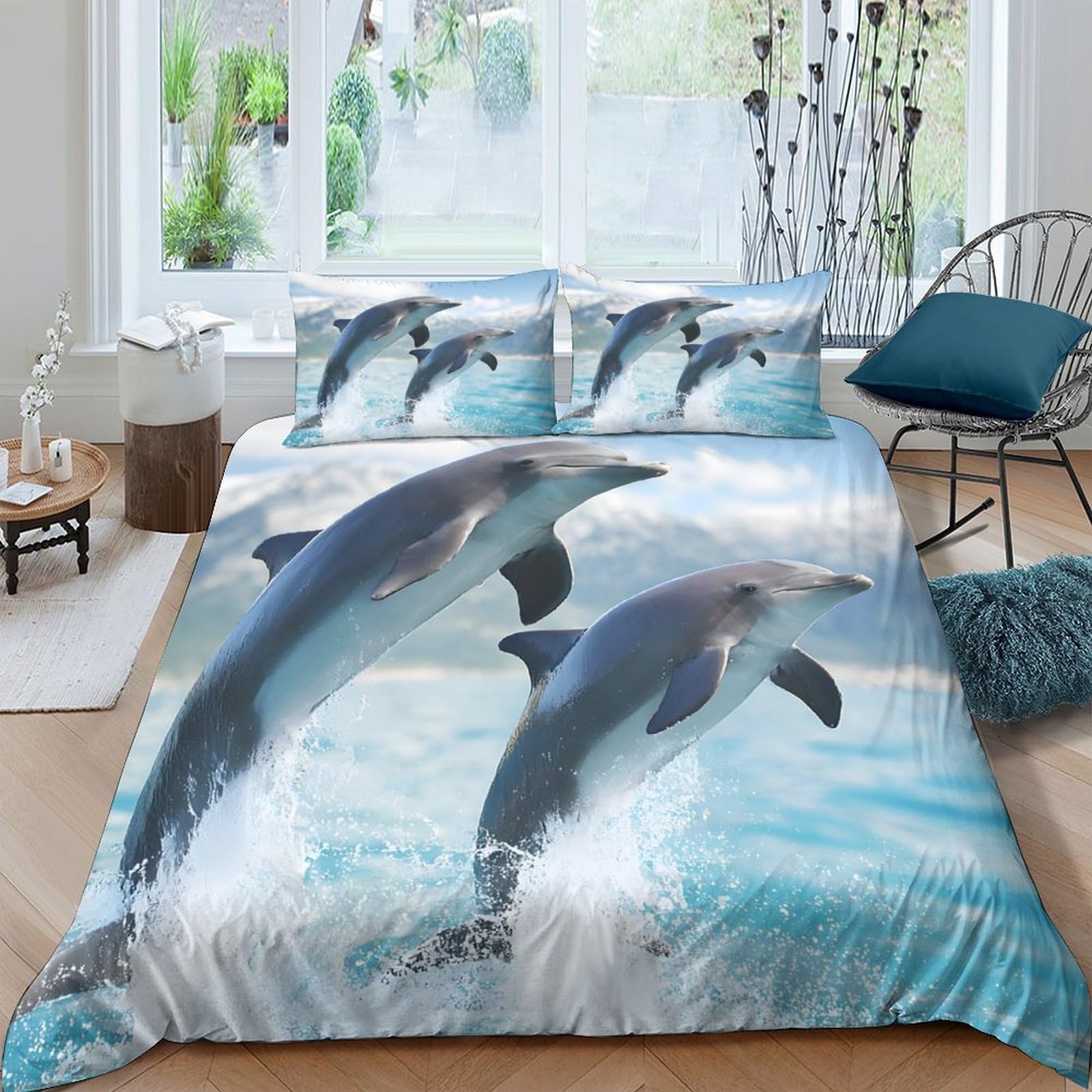 Ctjqhvkz Style-4 3D Printed Dolphin Ocean Fitted Sheet Microfiber Soft Blue Sea Mattress Cover For Bedroom Guest Room Decor Single（135X200cm）