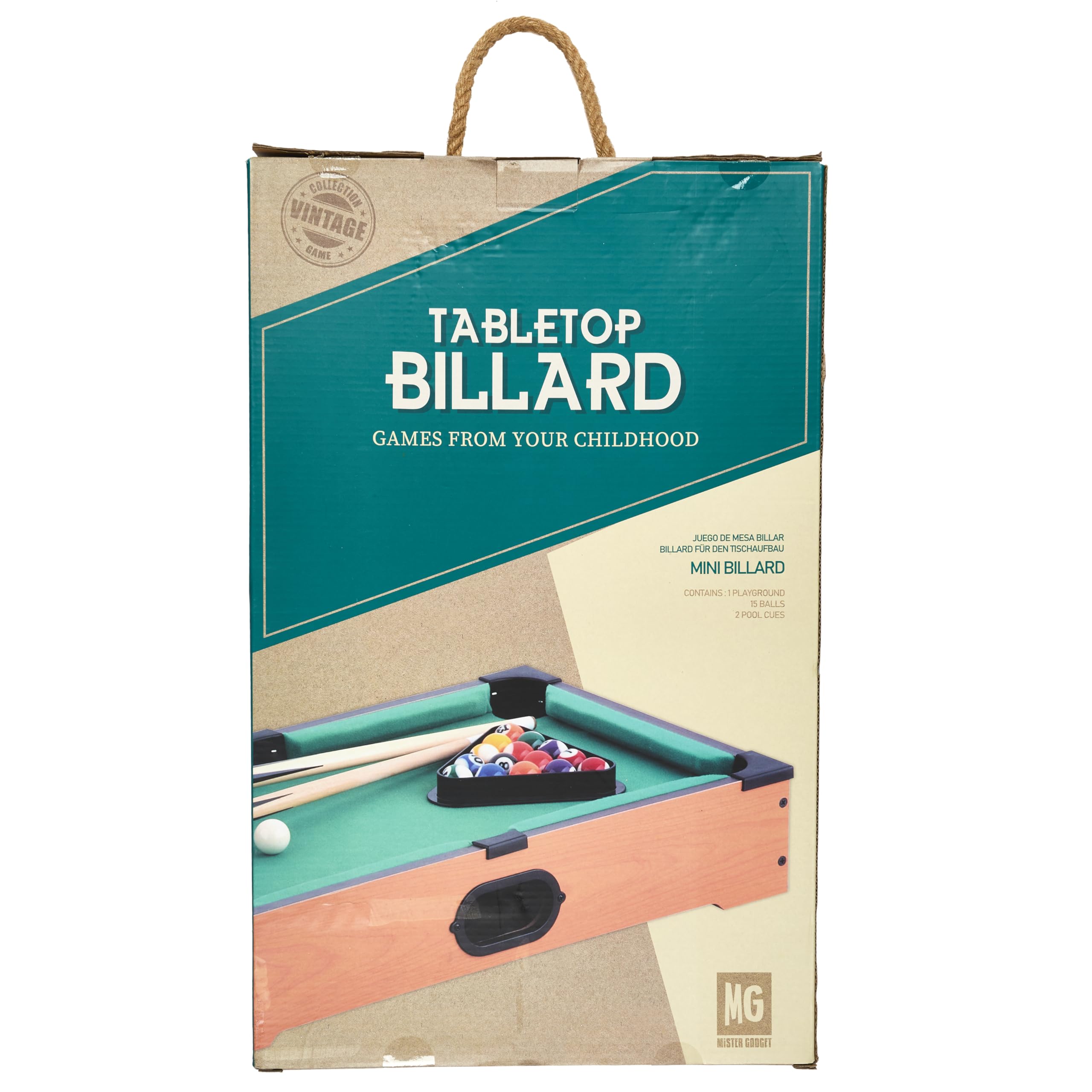 MISTER GADGet - MG2017 Jeu de Table Billard - 2 Queues - 16 Boules - Triangle et Craie Bleue - Conçu pour Soirées Amicales - H10 x L31 x P51 cm - Couleur Marron et Vert | Bois, jeu de table billard, 51x31x10 cm, 2 queues 16 boules triangle et craie, diver