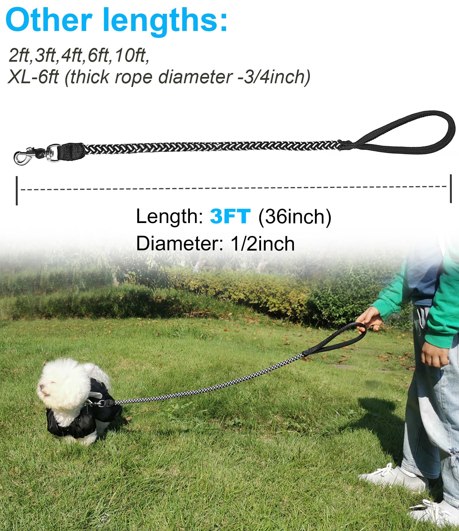 2/3/4/6/10 Foot Reflective Dog Leash Strong Nylon Rope Braided Heavy Duty for Large and Medium Small Dogs Walking Training Leads (Black, 3ft * 1/2") — view 2