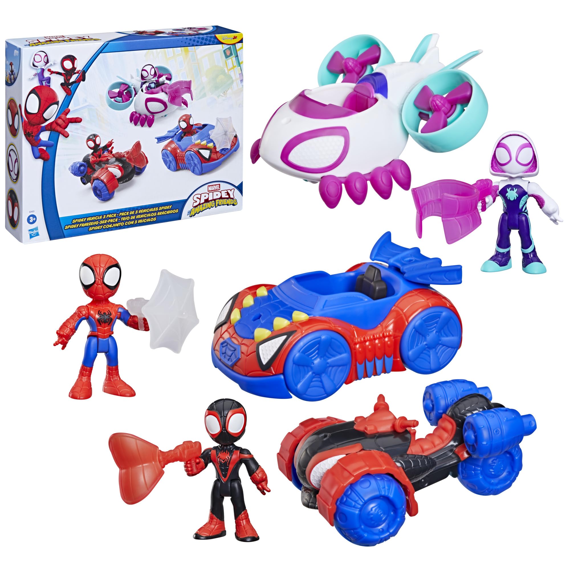 Marvel Spidey and His Amazing Friends, Pack Triple de Figuras y vehículos de Juguete, 3 Figuras articuladas de 7,6 cm, 3 vehículos, 3 Accesorios, Juguetes de superhéroes, A Partir de 3 años