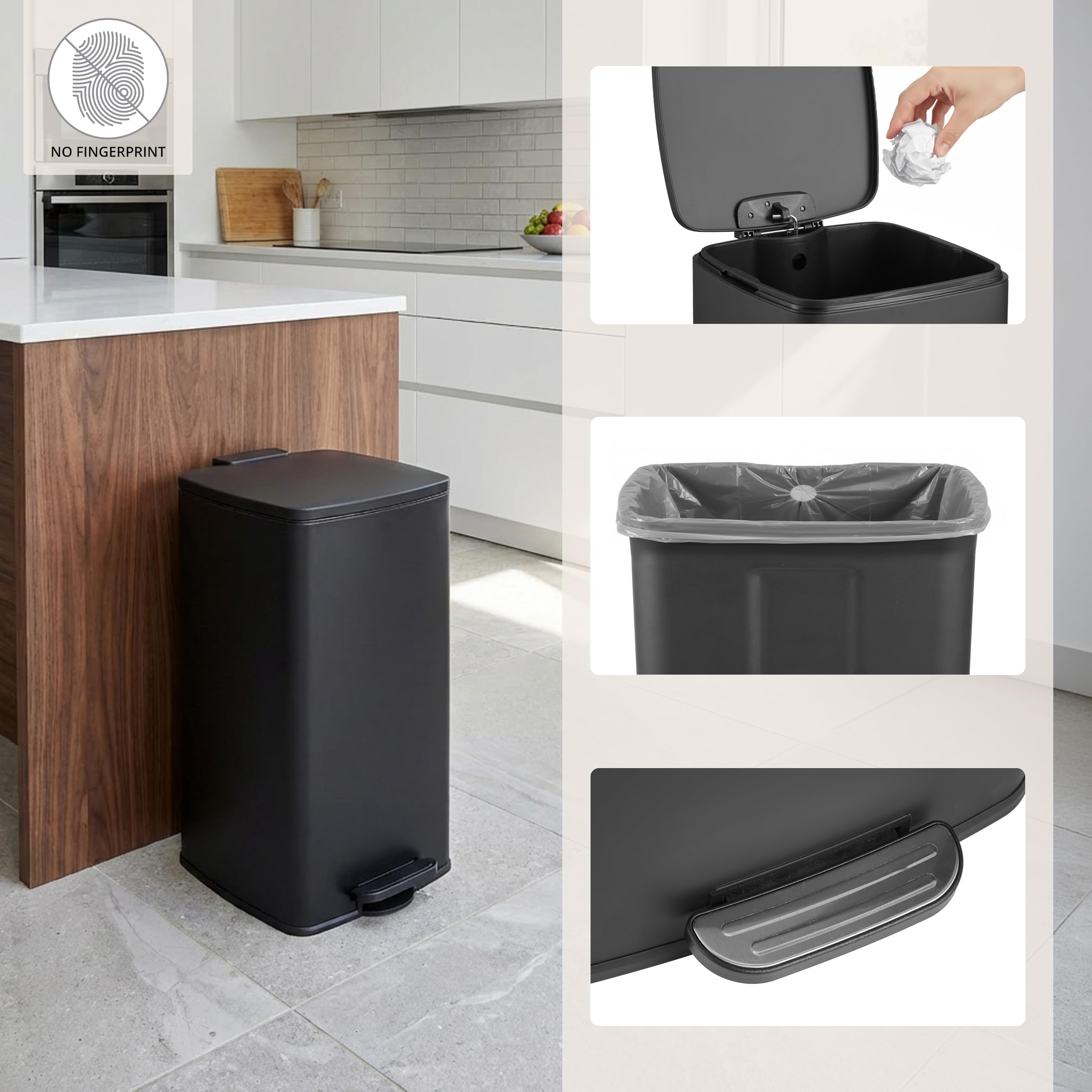 hjh OFFICE Mülleimer 60L Clean Step 4, rechteckiger Abfalleimer aus pulverbeschichtetem Stahl, hygienisch und luftdicht schließend, Fingerprint-Proof Beschichtung, Schwarz
