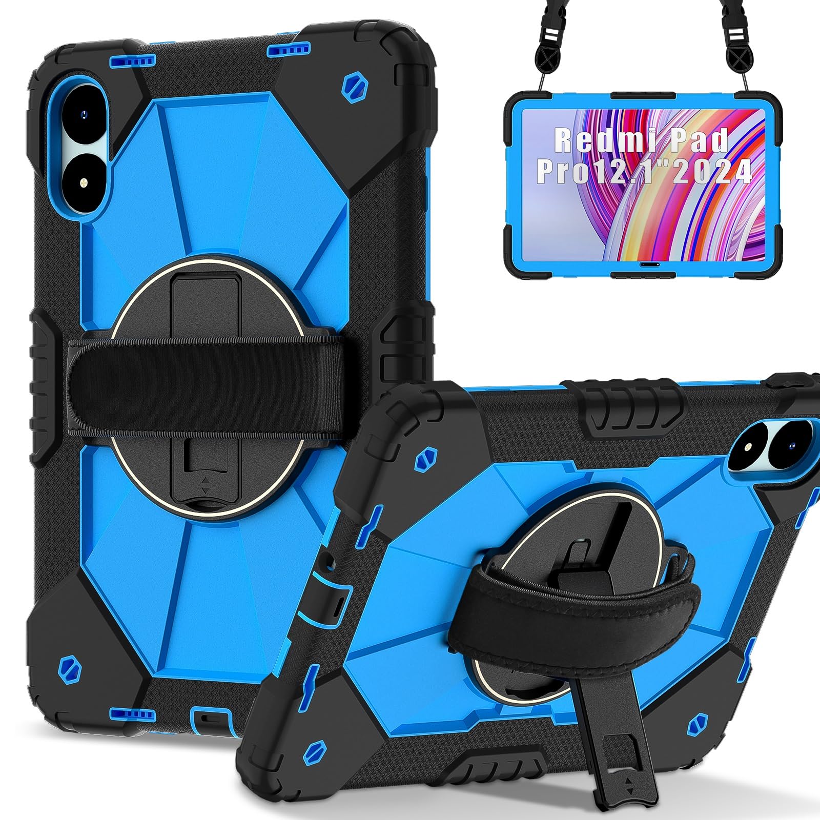 Pełne etui ochronne Kompatybilny z Xiaomi Poco Pad 12.1 2024/Redmi Pad Pro 12.1 Etui dla dzieci odporne na wstrząsy, [podpórka] [pasek na ramię] Obrotowy o 360 stopni pasek na rękę Uchwyt stojaka Wytr