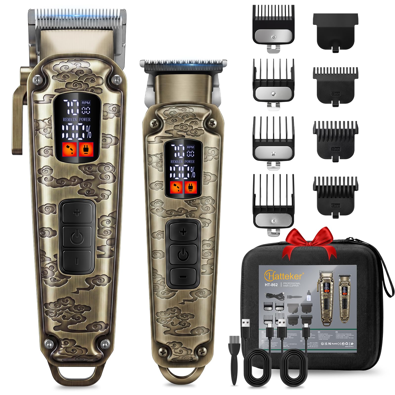 Hatteker Kit per tagliare i capelli da uomo, con lama a T, senza fili, display a LED, ricaricabile tramite USB (bronzo) | Kit per regolabarba con lama a T, tagliacapelli, kit per toelettatura senza fili, LED, ricaricabile tramite USB