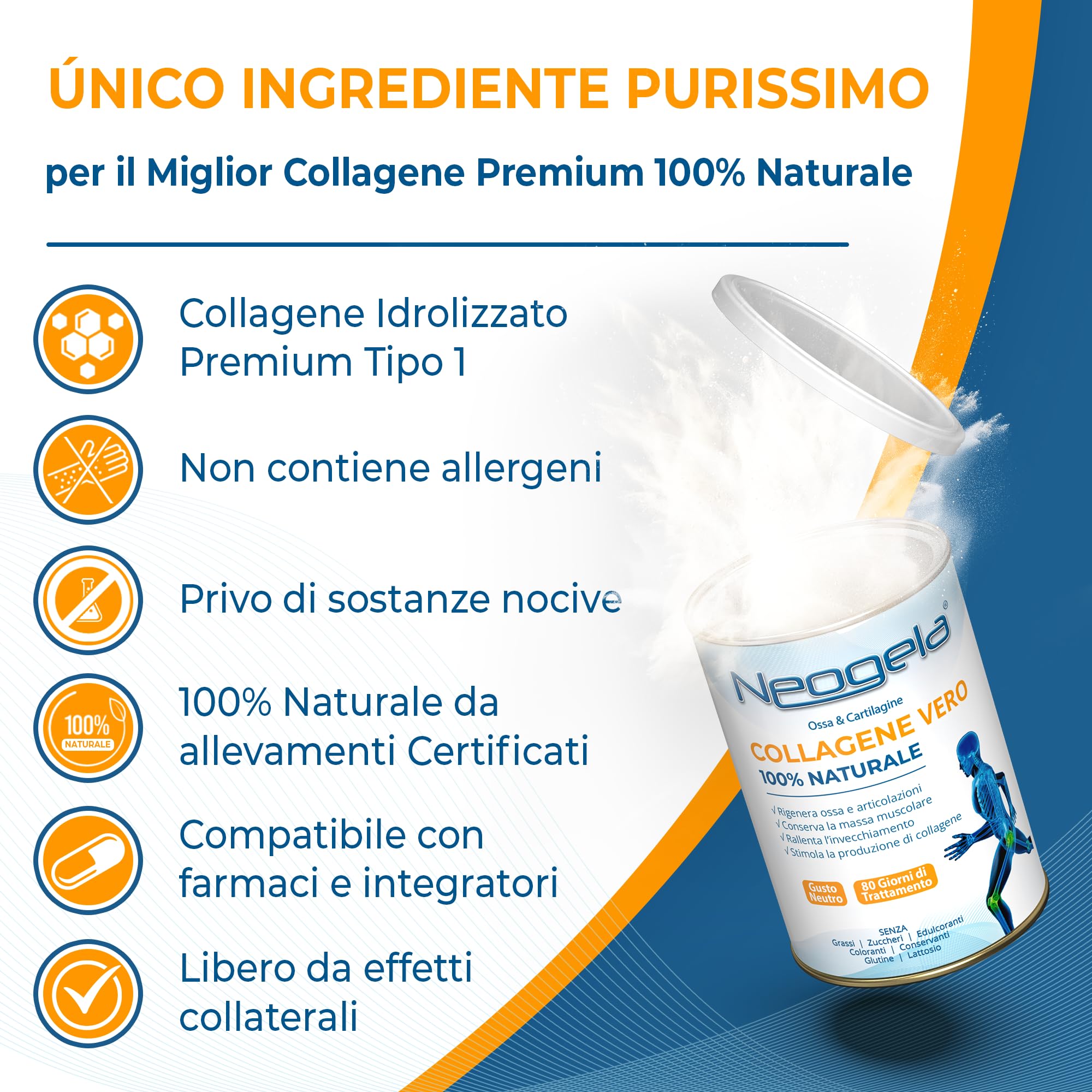 Neogela - 98% di Collagene Purissimo (Formato da 400gr, Prodotto Naturale) - Benessere Osseo e Articolare, (3 Confezioni-1200gr)