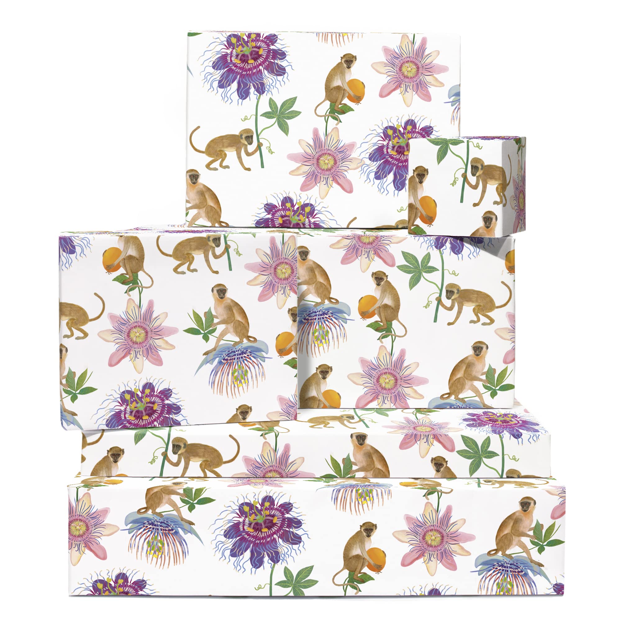 CENTRAL 23 Monkey Wrapping Paper - 6 Sheets of Gift Wrap with Tags - Flower Design - Cute Wrapping Paper for Kids Boys Girls - For Men & Women - Comes with Stickers - Recyclable