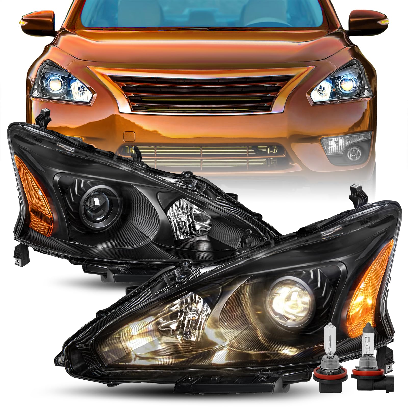 BRYGHT Projector Headlight Assembly Fit for 2013 2014 2015 Altima Sedan 4-Door Black Housing with Amber Reflector (Bulbs Included)