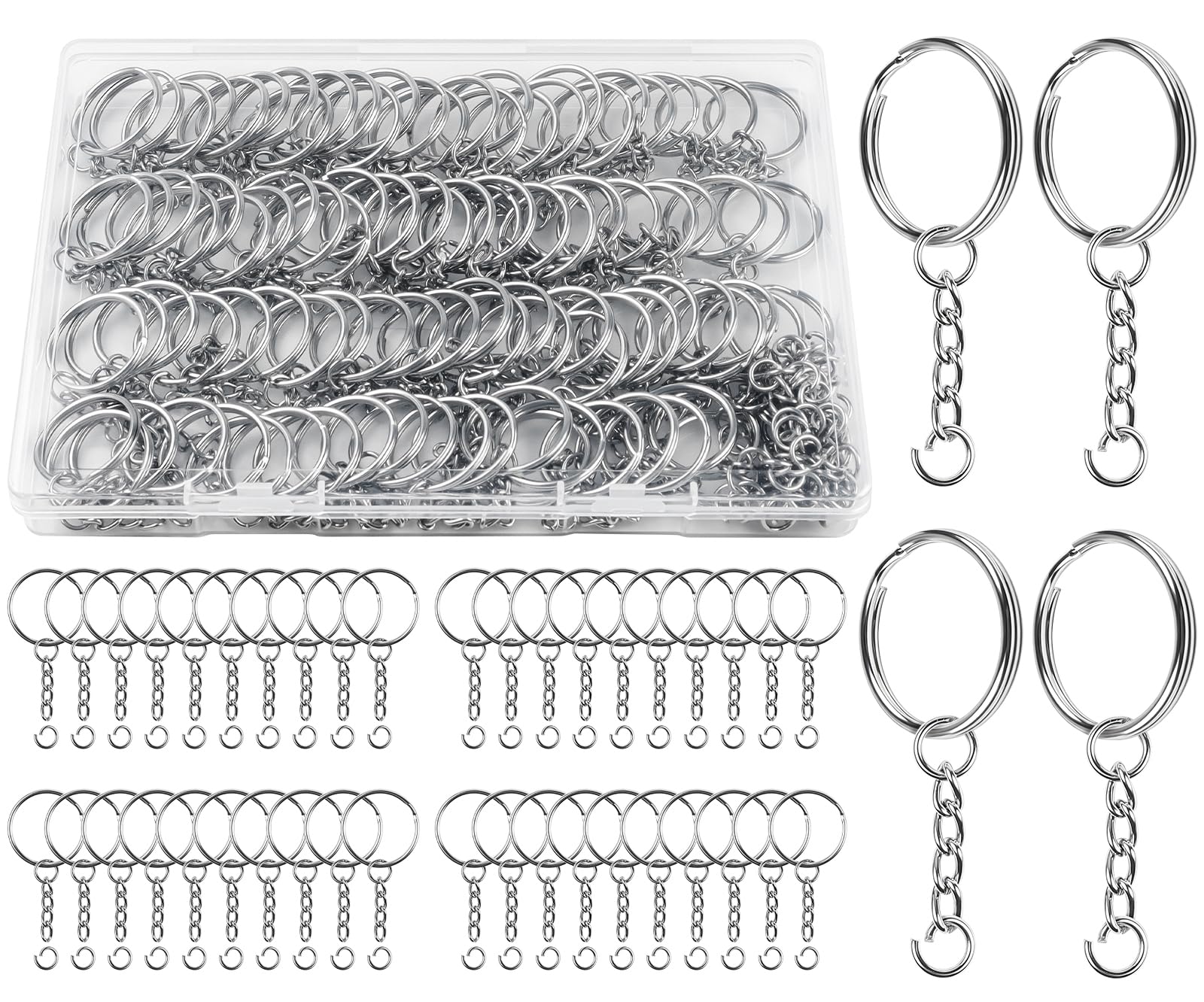 Ouborui 100 PCS Keychain Ring Set, 25mm Key Hoops with Chain and Jump Rings