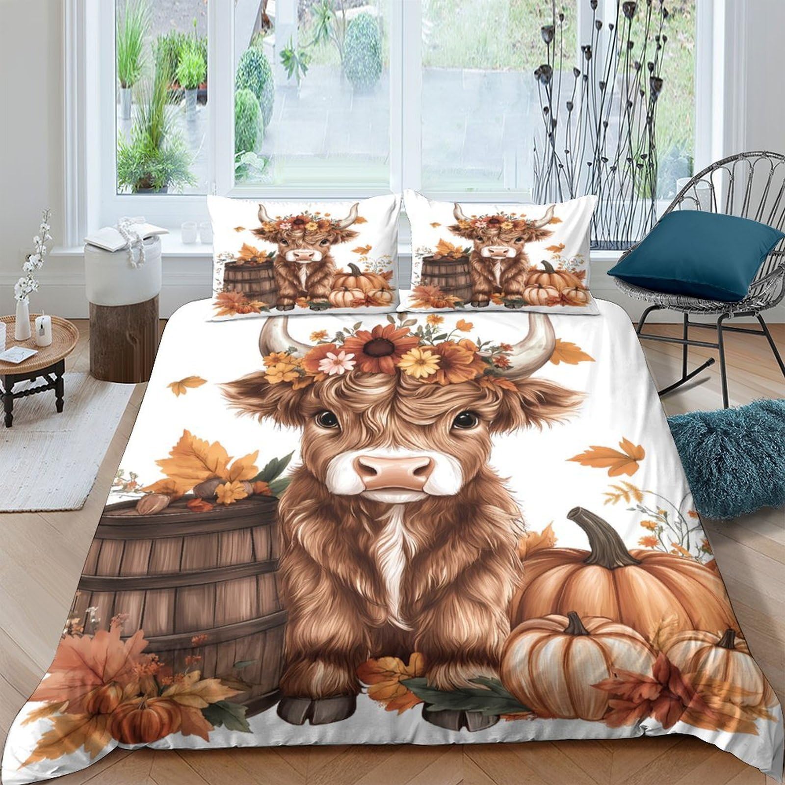 Ctjqhvkz Style-1 3D Printed Highland Cow Autumn Pumpkin Fitted Sheet Microfiber Soft Anti-Slip Bed Cover For Bedroom Guest Room Decor Single（135X200cm）