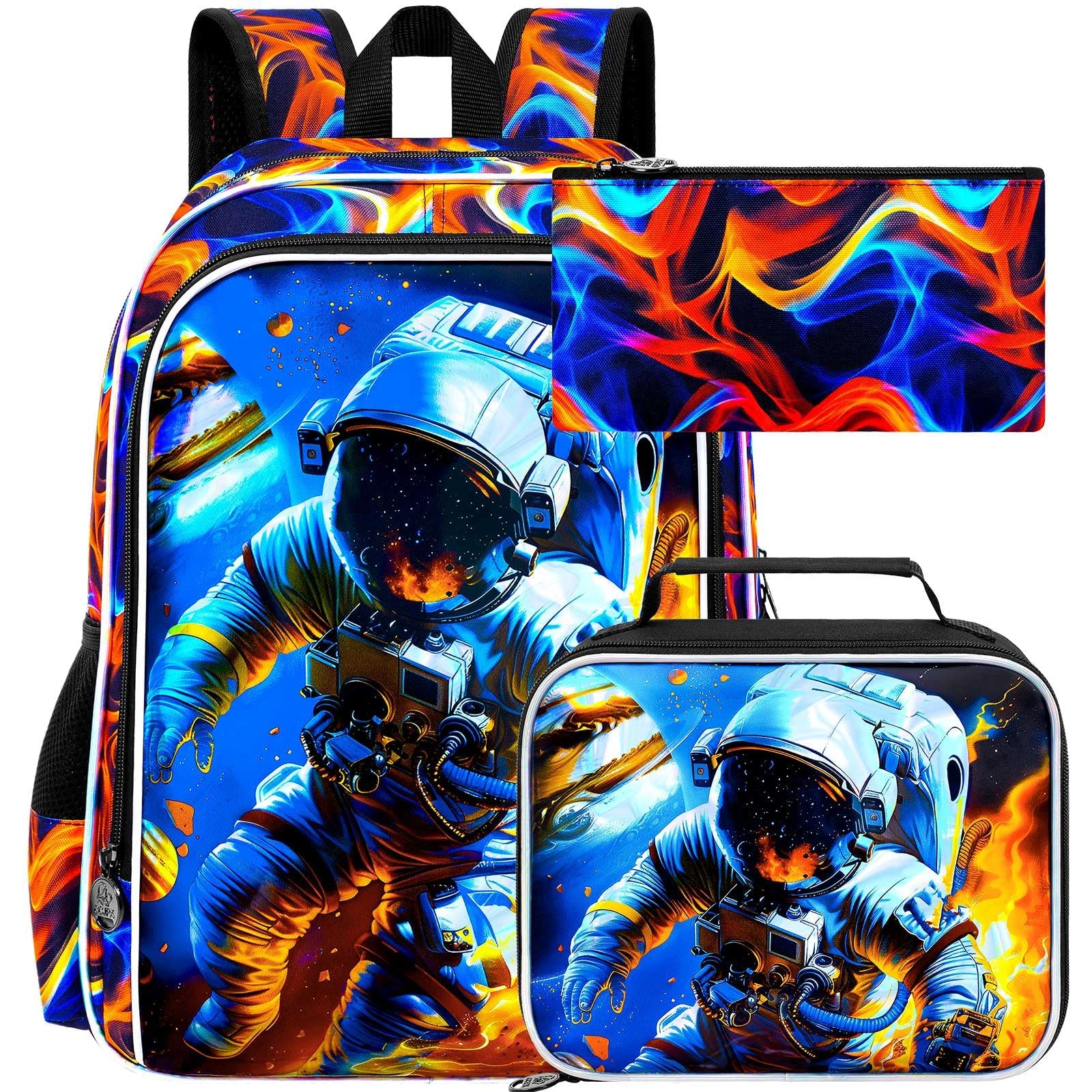 3Pcs Space Backpack for Boy, 17" Fire Bookbag for Elementary Preschool Kindergarten, Kids School Backpacks with Lunch Box (Red)