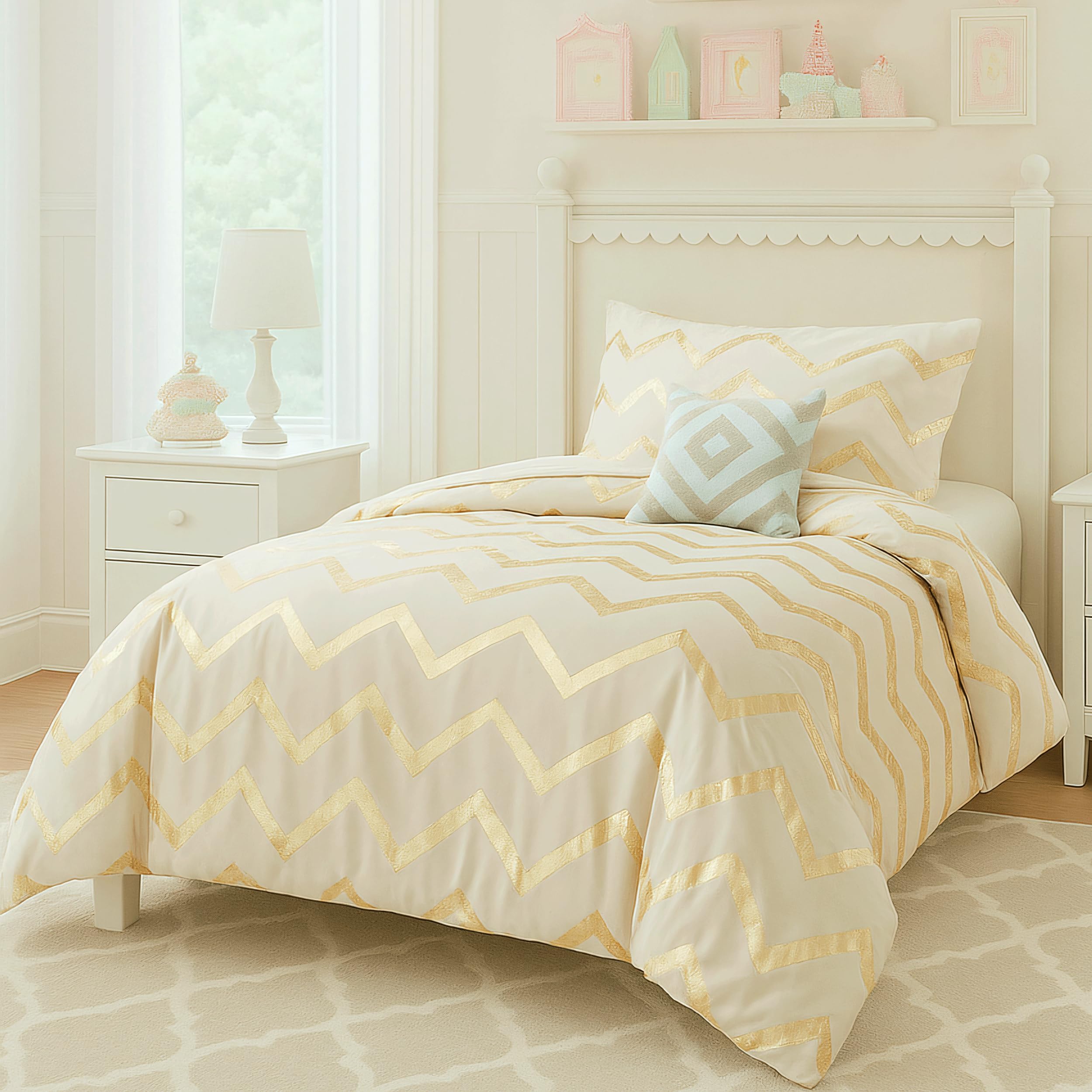 Cream White and Gold Comforter Set for Twin/Twin XL Size, Cute Metallic Ivory Bed Sets, 3 Piece (1 Matching Sham + 1 Decorative Pillow)