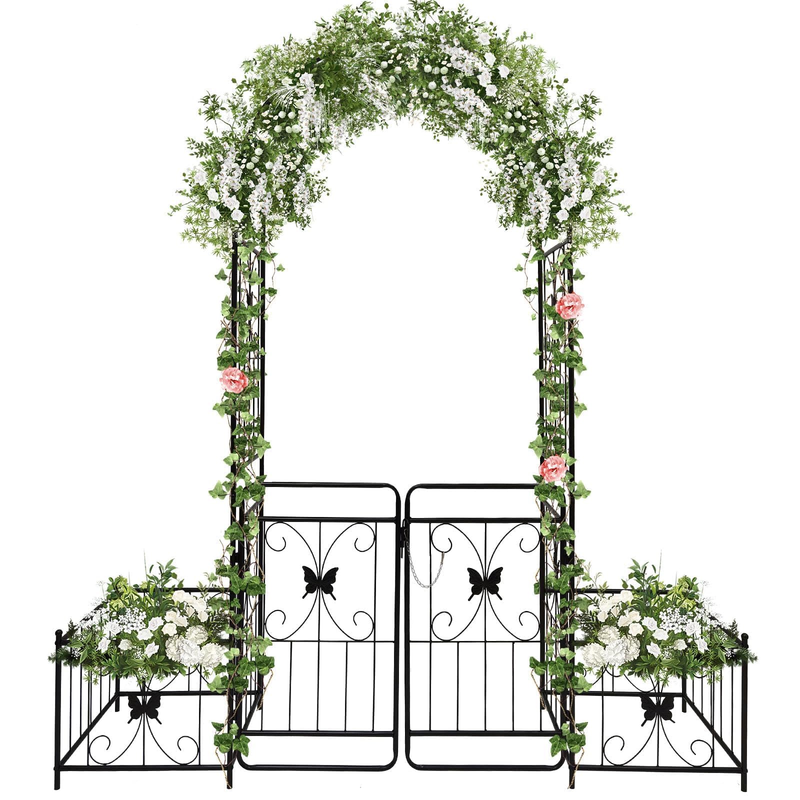 Kalolary Garden Arch with Gate and Plant Box, Heavy Duty Metal Butterfly Garden Arbor for Climbing Plant Raised Bed Rose Vines Climbing Support for Lawn Backyard Patio Outdoor Decor (86.6"x79.8"x20")