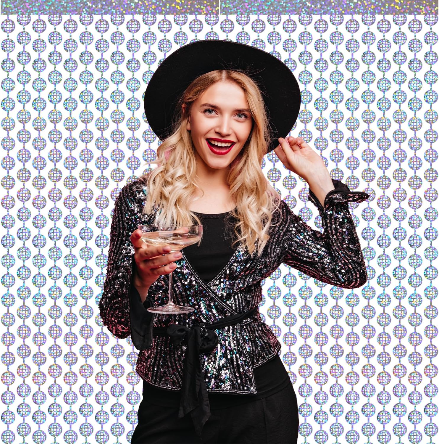 GOER Foil Curtain Backdrop for Birthday Party | Metallic Tinsel Photo Booth Props for Bachelorette Party | New Year Eve,Graduation Party Decorations (Silver Disco Ball, 2 Count (Pack of 1)) - Image 4