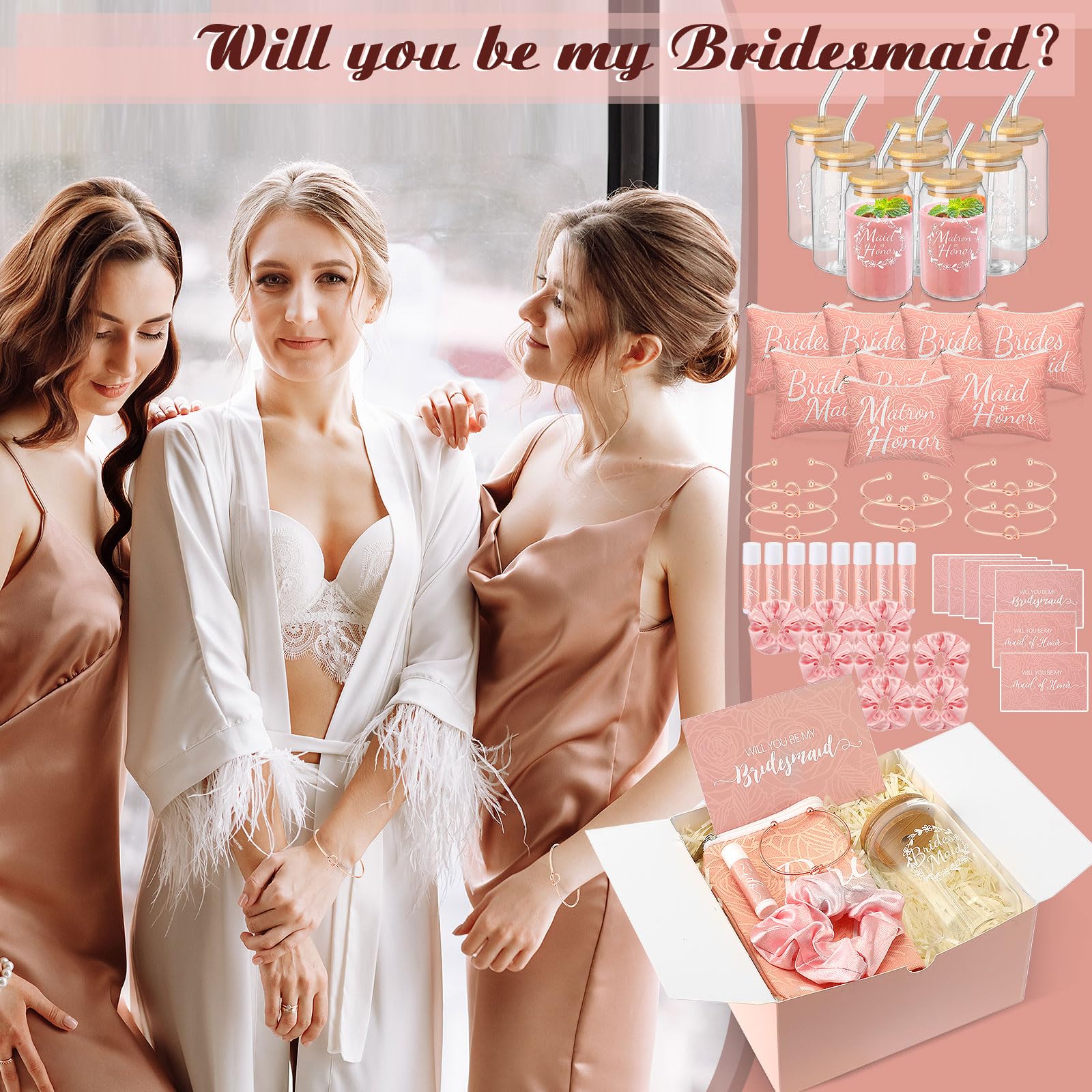 FillTouch 56 Stück Brautjungfern-Antragsgeschenke Brautdusche Geschenke inklusive Geschenk-Box Glasbecher Kosmetik-Make-up-Taschen Einladungskarten Lippenbalsam Haargummis Haar geknotete Armbänder