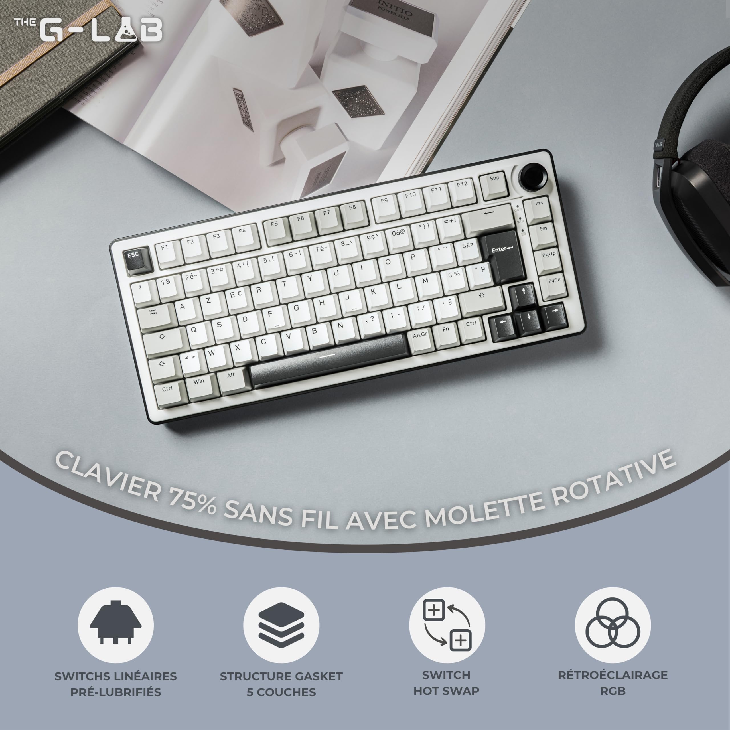 The G-Lab - KEYZ ELITE 300 WG - Bezprzewodowa Klawiatura Gamingowa - Układ AZERTY FR - Mechaniczna Klawiatura z Hot-Swappable Switches, 5-Layer Gasket, Tri-Mode 2.4G/BT/Kabel, RGB i Makra, Win/Mac
